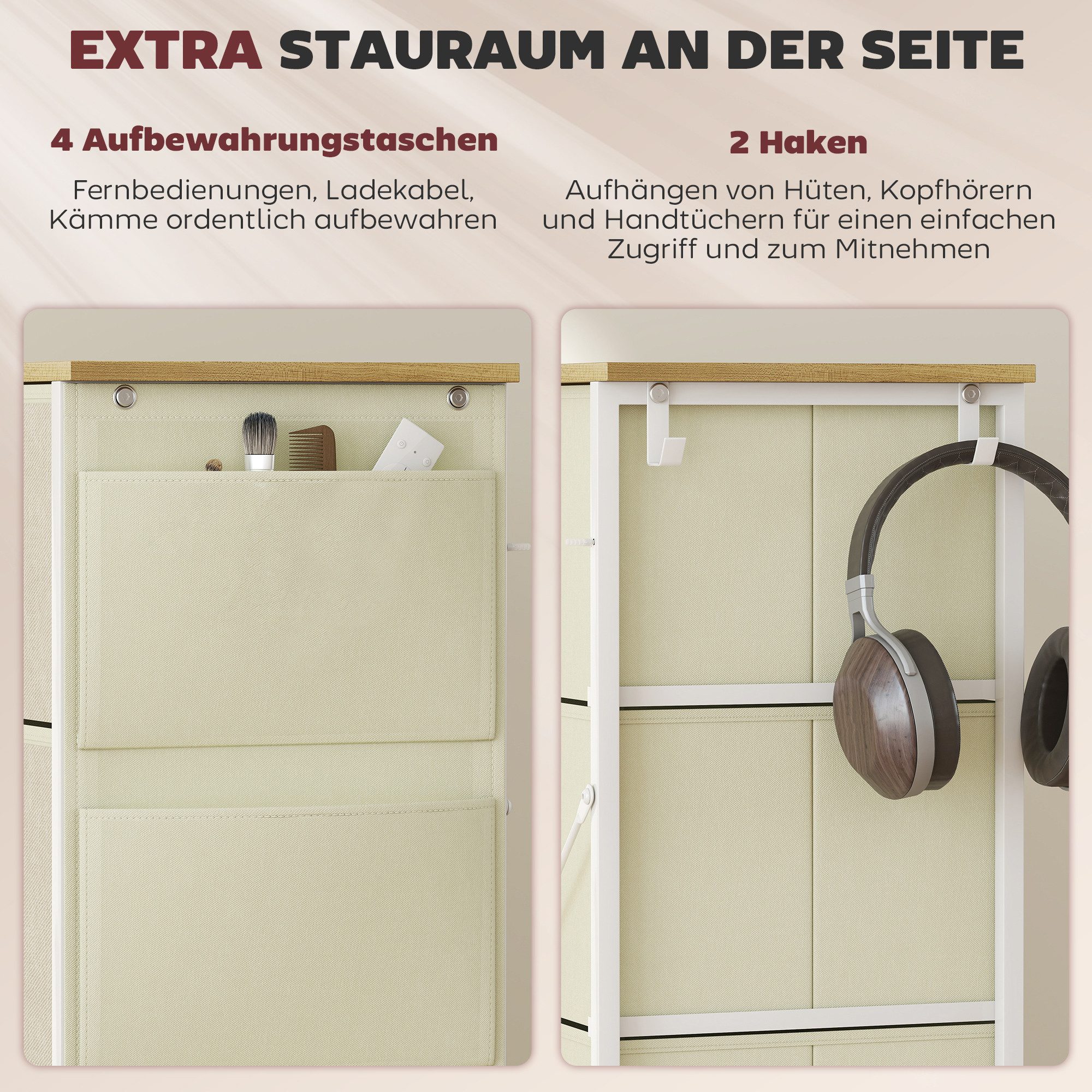 HOMCOM Kommode Aufbewahrungsschrank mit Haken, Stahlrahmen, Sideboard (Schubladenschrank, 1 St., Aufbewahrungsschrank), Modern Sideboard für Schlafzimmer, Wohnz – Bild 5 von 5