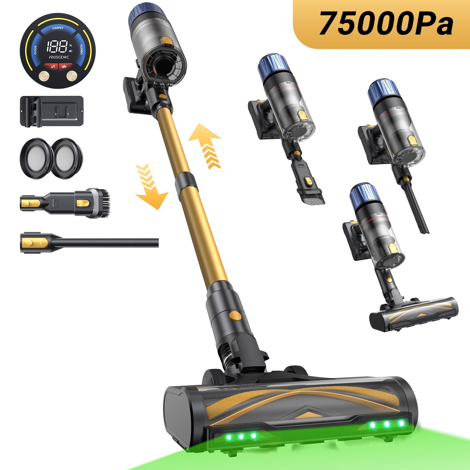 Proscenic Akku-Hand-und Stielstaubsauger 75 kPa, 70 Min Laufzeit, 1,2L Staubbehälter, Geräuscharmer Betrieb, 580 W, beutellos, Grüne LED-Scheinwerfer, Leicht zu handhaben & Effektiv gegen Tierhaare