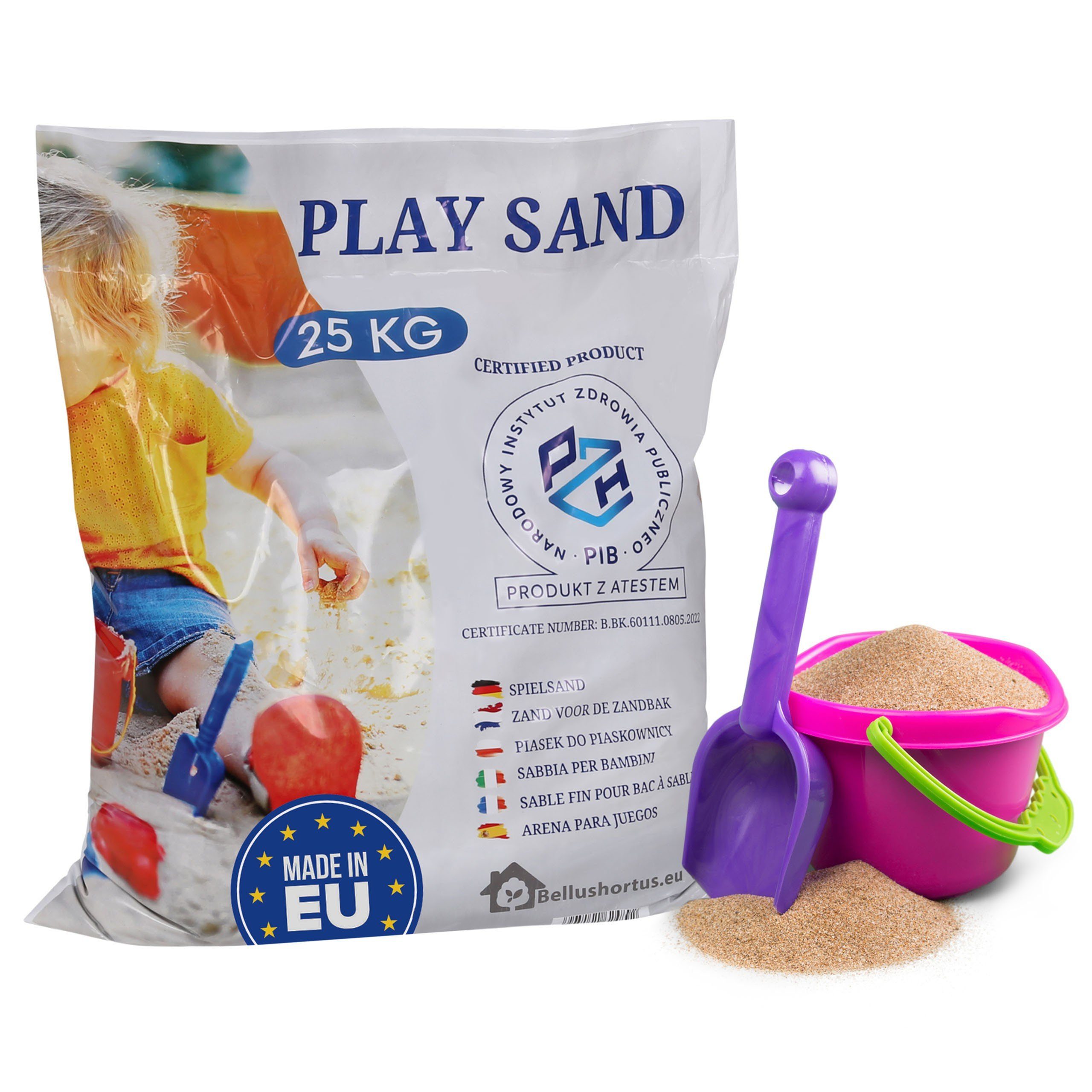 Bellushortus Spielsand Gewaschener Sand für den Sandkasten 0-2 mm mit PZH-Zertifikat 25kg