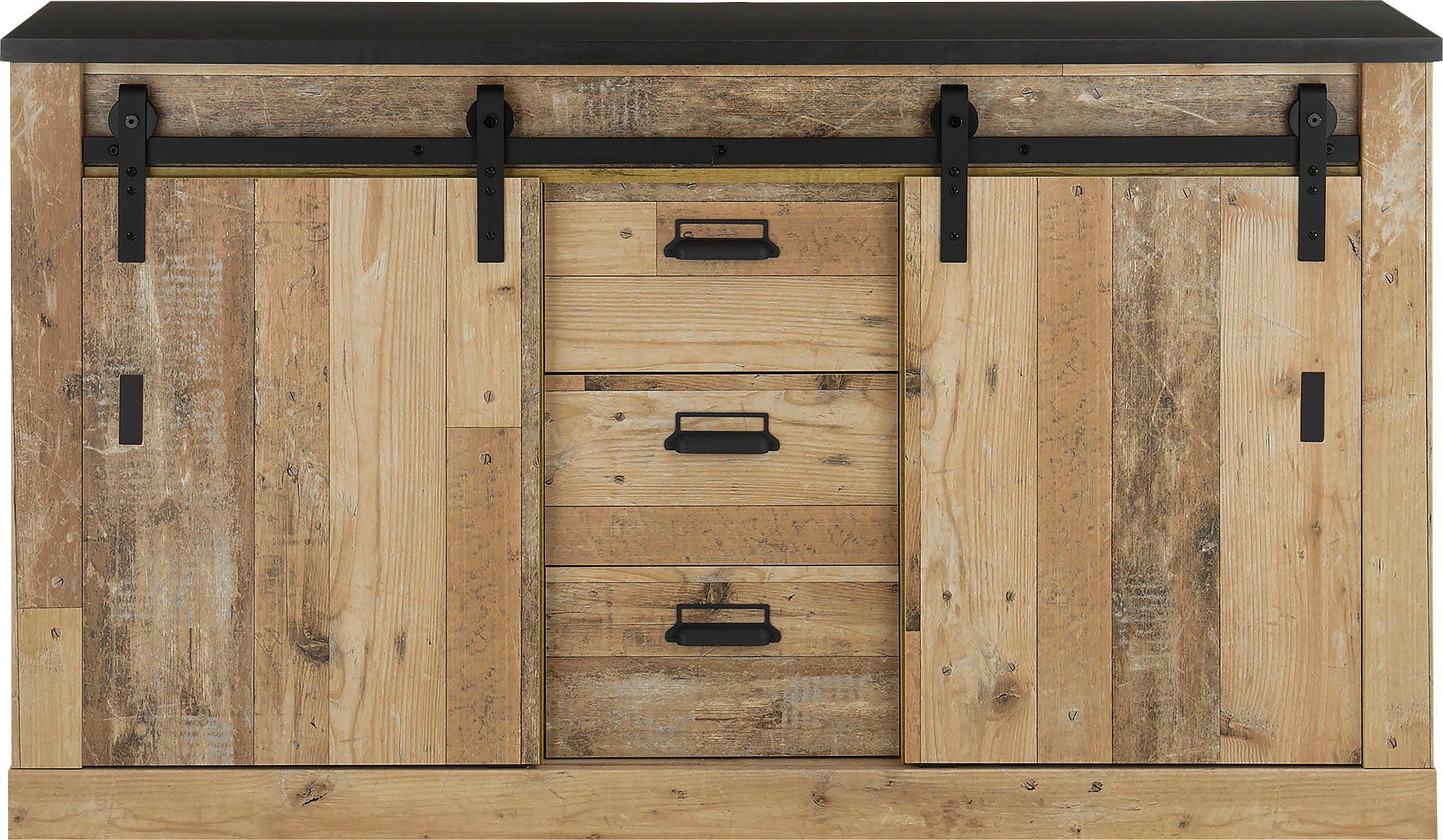 Home affaire Sideboard SHERWOOD, Holz Dekor, mit Scheunentorbeschlag und Apothekergriffen, Breite 161cm