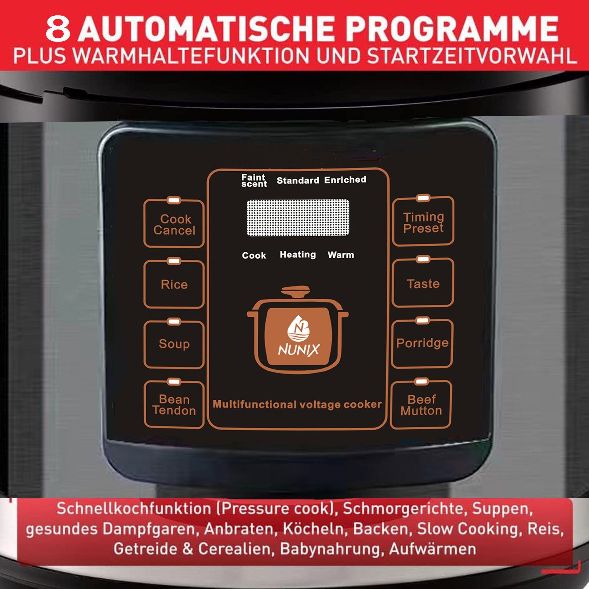 Reiskocher Timer,8 Digitaler Dampfgarer Mutoy Programme weiß,Multikocher Reiskocher Automatische Schnellkochtopf,Warmhaltefunktion, 6 mit Liter,
