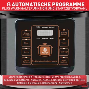 Sross Reiskocher Digitaler Reiskocher mit Dampfgarer weiß,Multikocher 6 Liter, Schnellkochtopf,Warmhaltefunktion, Timer,8 Automatische Programme