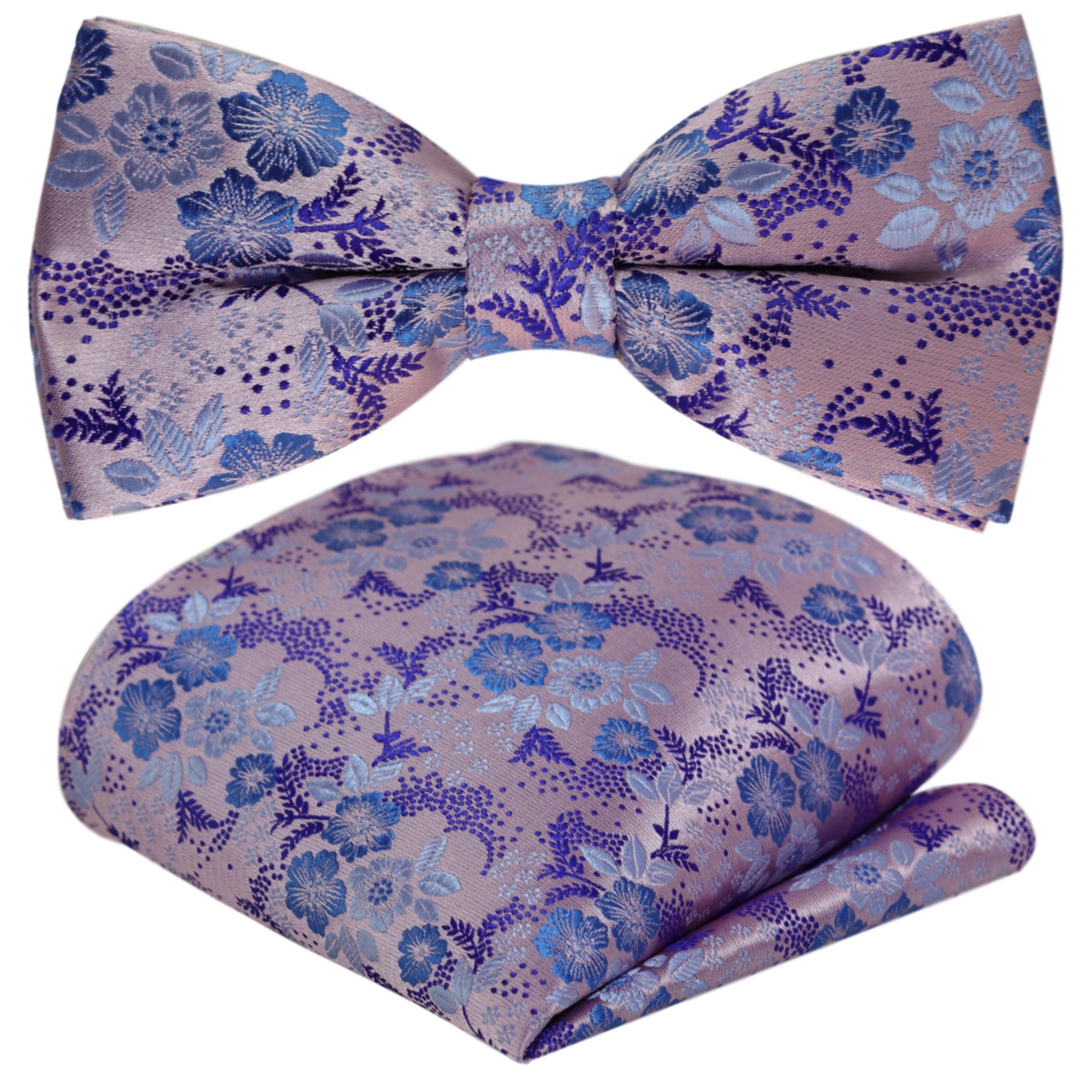 Paisley Hell-Violett Vor-Gebunden Einstecktuch) Perlviolett Verstellbar, Herren-Fliege 2-St., Fliege Flieder-Rosa Bunt Tuch Seide Hochzeitsfliege GASSANI Satin, Dunkel-Blau Pastell-Blau Schleife Floral, (Set, mit Festlich, Touch Jacquard Blumen, Hochzeit Geblümt Herrenschleife,