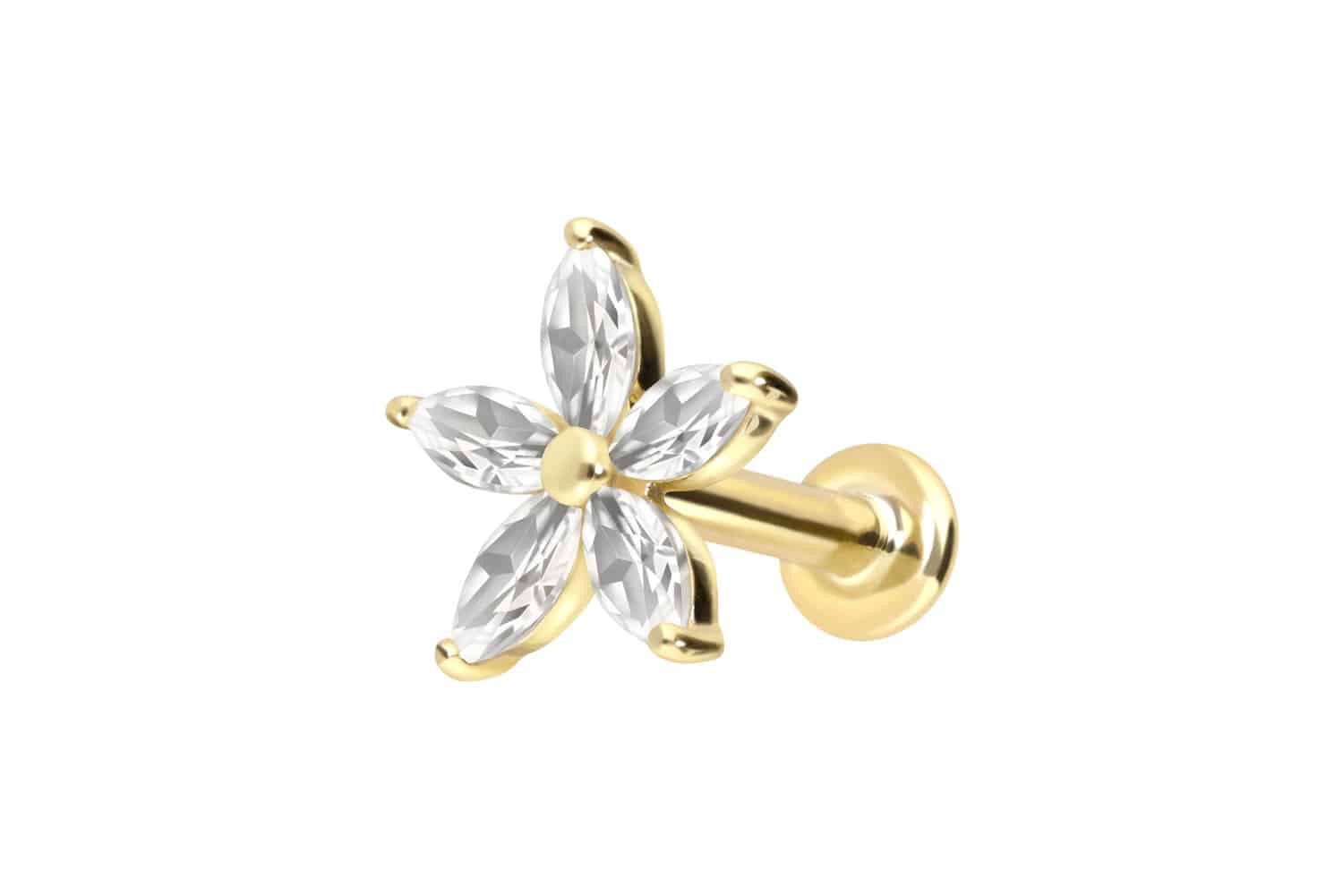 PIERCINGLINE Piercing-Set 14 Karat Gold Labret mit Innengewinde MOISSANIT-BLUME (Labrets, 1-tlg)