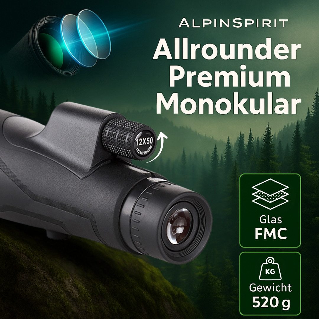 AlpinSpirit Monokular 12x50 mit Nitrogen, inkl. Handschlaufe [IPX6,FMC & BAK4] Monokular (HD Weitsicht Fernrohr,Monocular, wasserabweisend, für Jagd & Wandern)