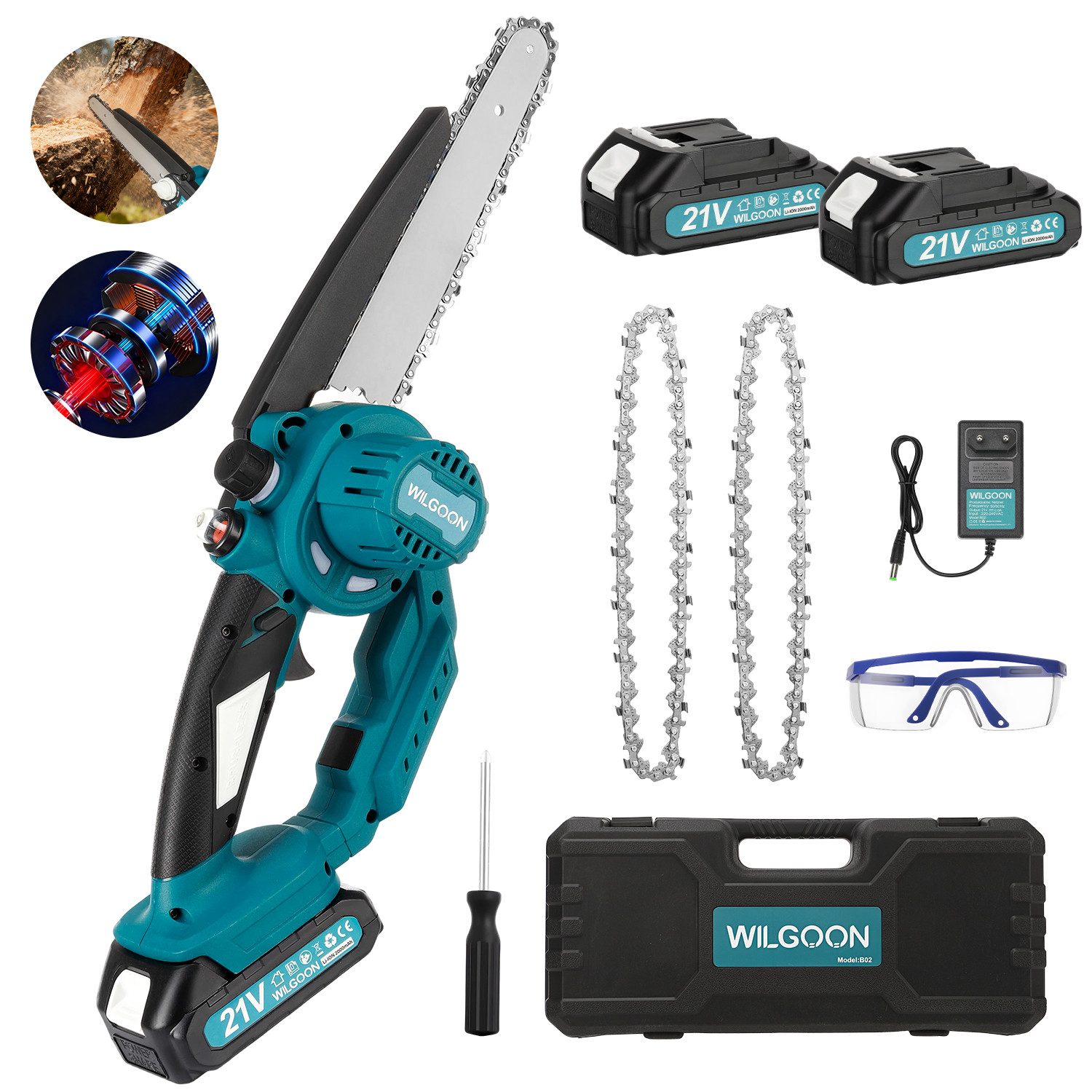 WILGOON Akku-Kettensäge 8'' mini Kettensäge 4000 mAH Akkus 640W Bürstenlose Elektro-Kettensäge, 18,5 cm Schwertlänge, Set, 4000 mAh Akku, Säge mit 2 Ketten, 2 Akkus, Handsäge für Astschere Holzschneidenz