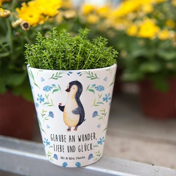 Mr. & Mrs. Panda Blumentopf Pinguin Marienkäfer - Weiß - Geschenk, Kräutertopf, Pflanztopf, Übert (1 St), Entwässerungsloch