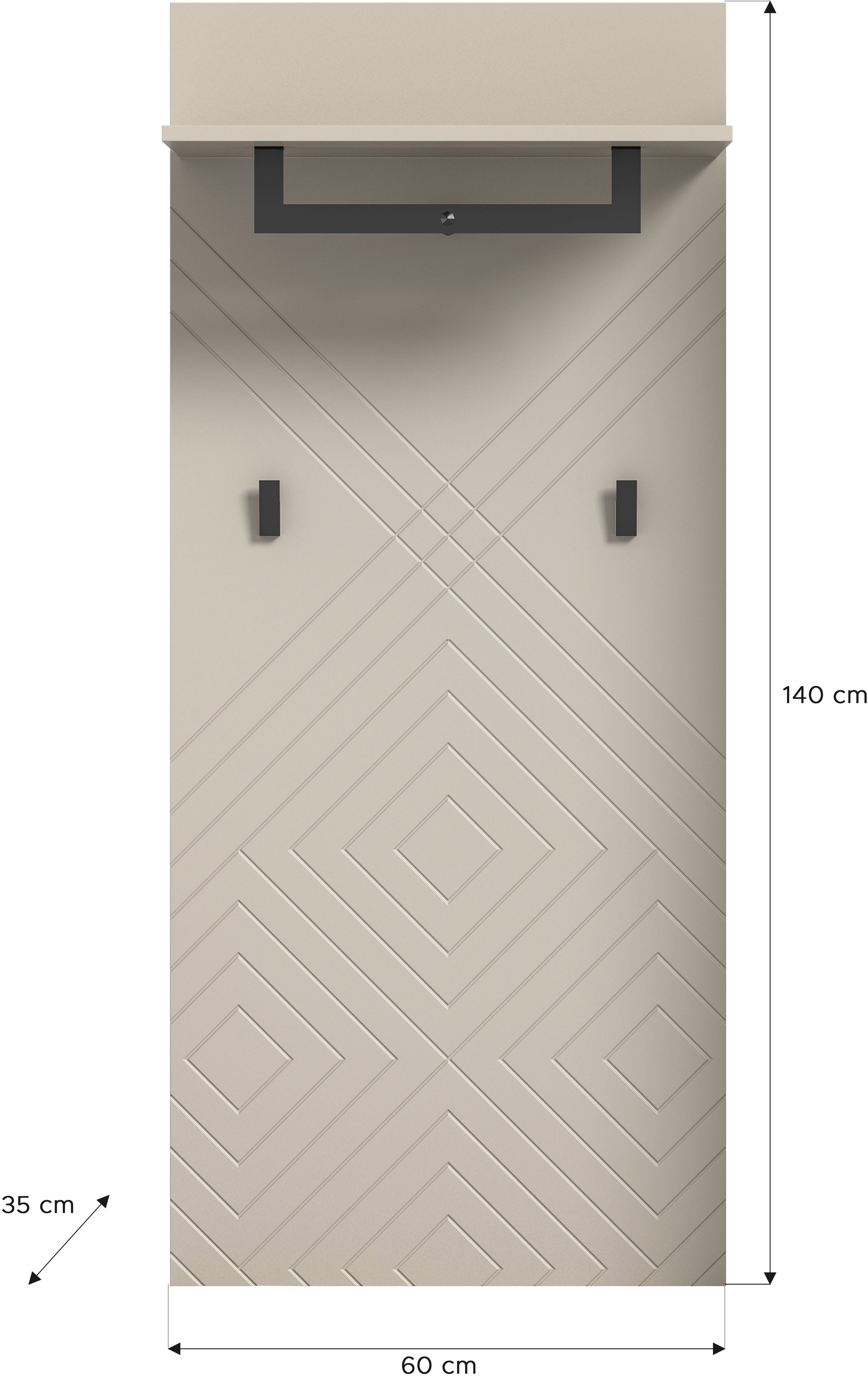 INOSIGN Garderobenpaneel Mento, Höhe 140 cm, Paneelrückwand mit Ornamentfräsung (1 St), 2 Haken & 1 Kleiderstange aus Metall, Paneel, Wandpaneel, Garderobe