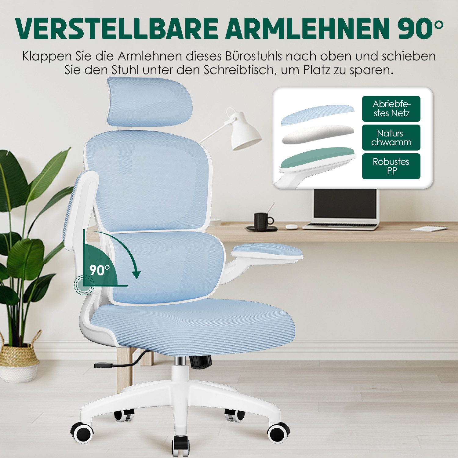 Fukstern Bürostuhl Ergonomischer Bürostuhl mit 90° klappbaren Armlehnen (Verstellbare Kopfstütze, atmungsaktiver Mesh-Bezug, Rücken- und Taillenstütze, Neigung  – Bild 5 von 5