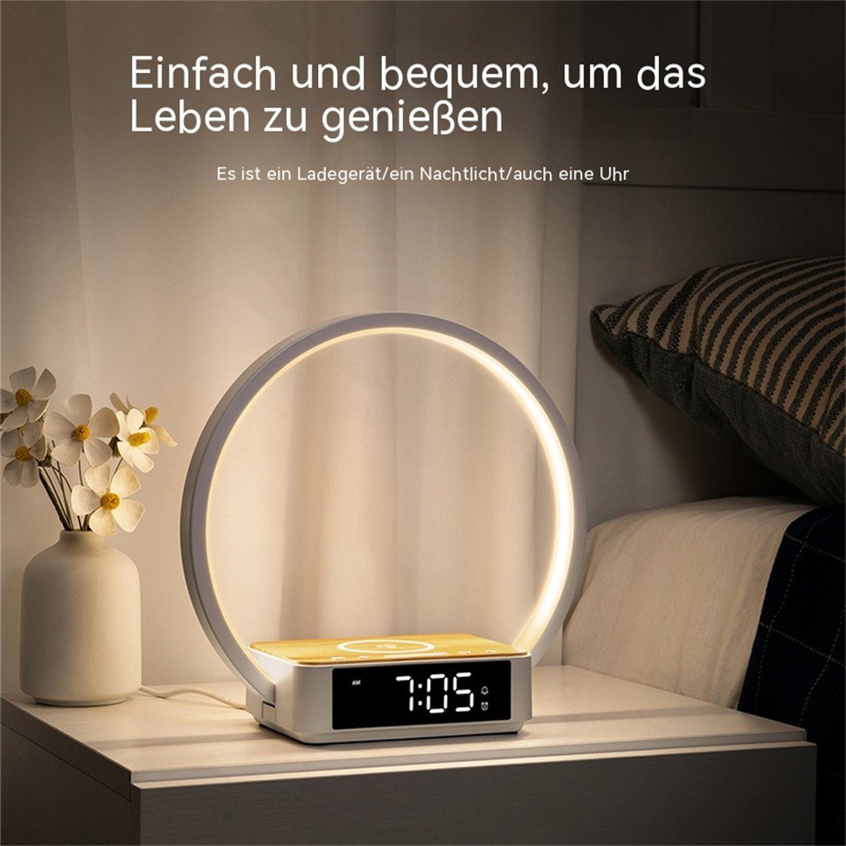 carefully Wecker runde mit Handy-Ladefunktion selected Intelligente LED LED-Nachttischlampe Nachttischlampe +