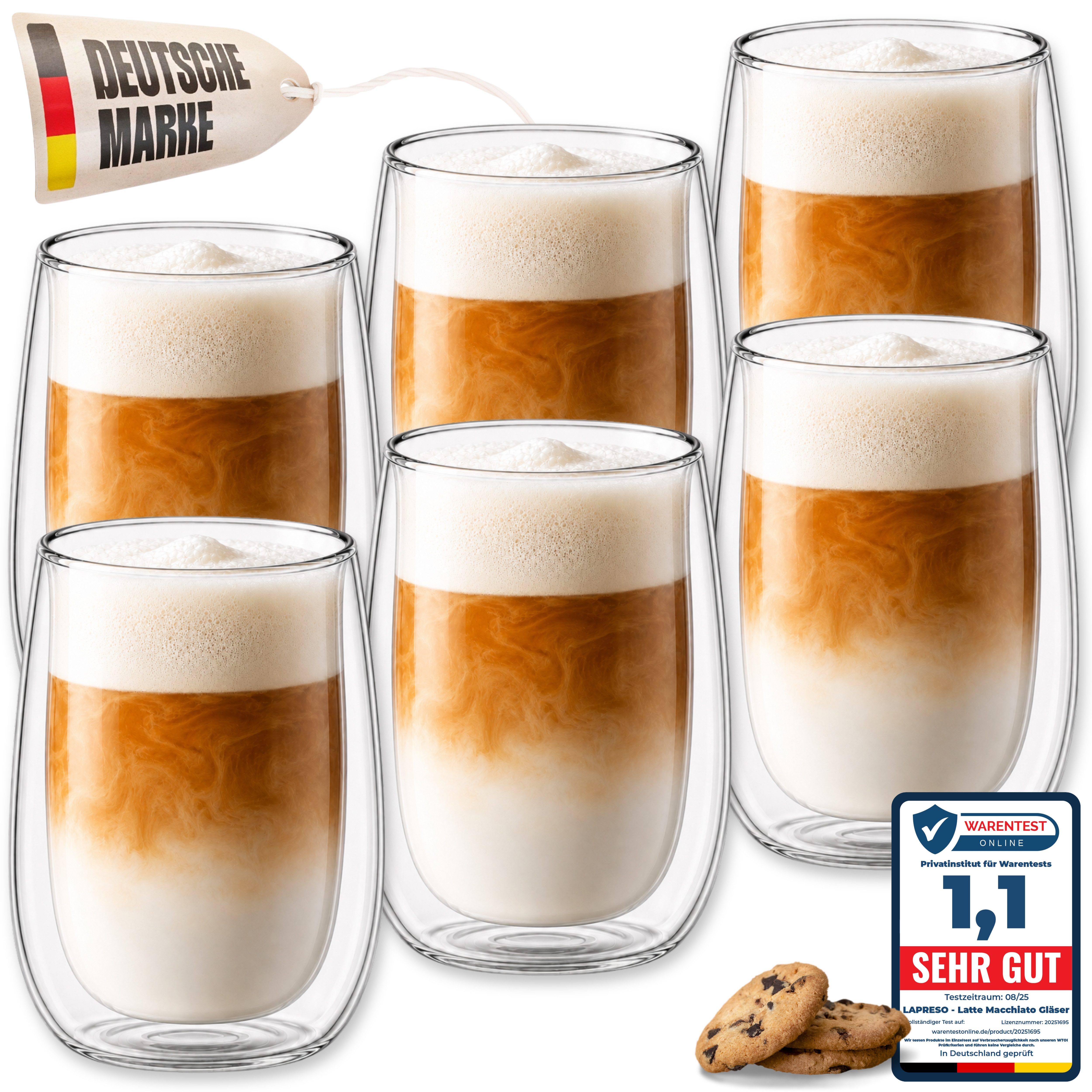LAPRESO Latte-Macchiato-Glas Doppelwandig Thermogläser Kaffeegläser Set 350 ml, 6-tlg., Borosilikatglas, 6er Set