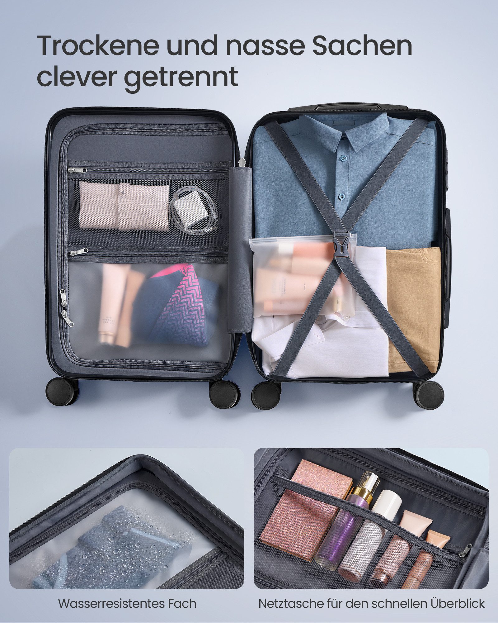 SONGMICS Hartschalen-Trolley Hartschalenkoffer, Handgepäck mit TSA-Schloss Koffergurt & Nassfach, Reisekoffer, 4 leise 360° Zwillingsrollen, ABS Trolley 36L – Bild 5 von 5