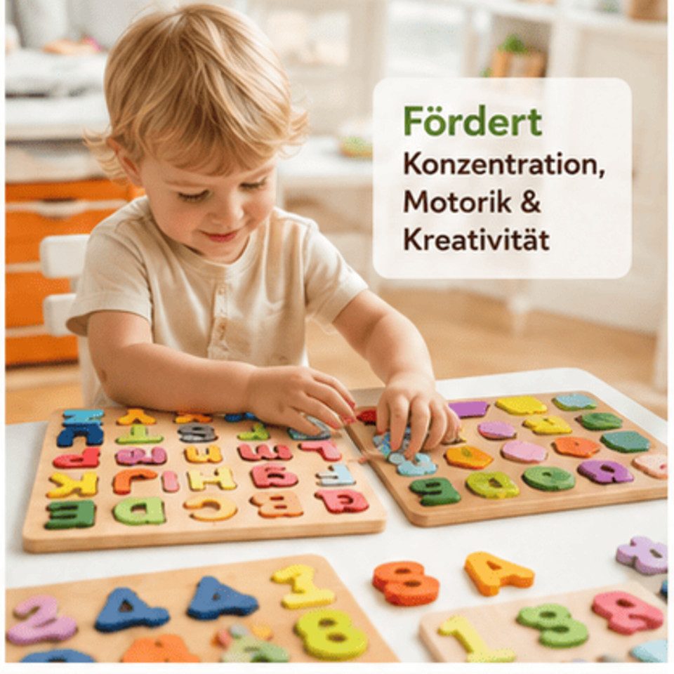 White Fox Studio Steckpuzzle 4er Montessori Puzzle Set – ABC, Zahlen & Formen, Lernspiel aus Holz, 93 Puzzleteile, Erst Motorik, dann Buchstaben und Zahlen lernen