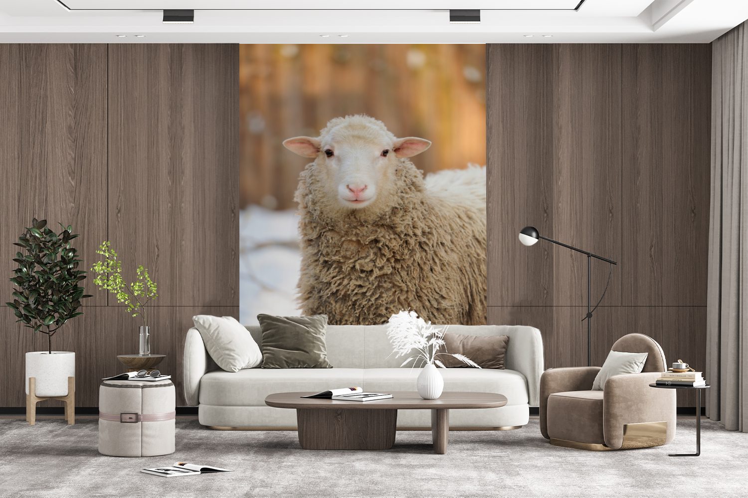 Wolle, Vinyl (3 bedruckt, Wandtapete MuchoWow Matt, Wohnzimmer, St), Montagefertig Schafe Fototapete - Schnee Tapete für -