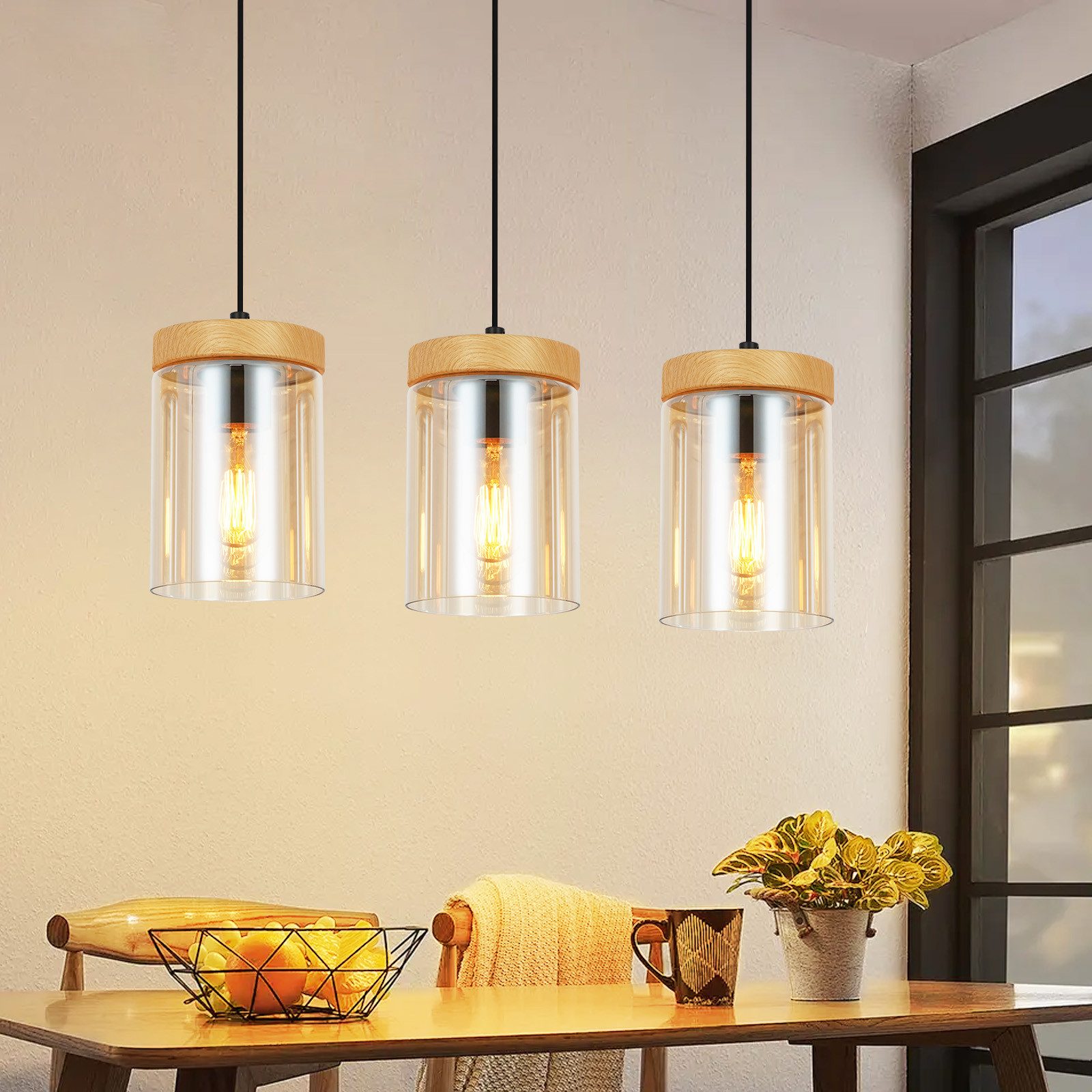 ZMH Pendelleuchte Esszimmer 1/3 Flammig E27 Transparent Hängeleuchte Schlafzimmer Hotel, Einfache Installation, ohne Leuchtmittel, Glas E27 Hängeleuchte Retro Esszimmerlampe