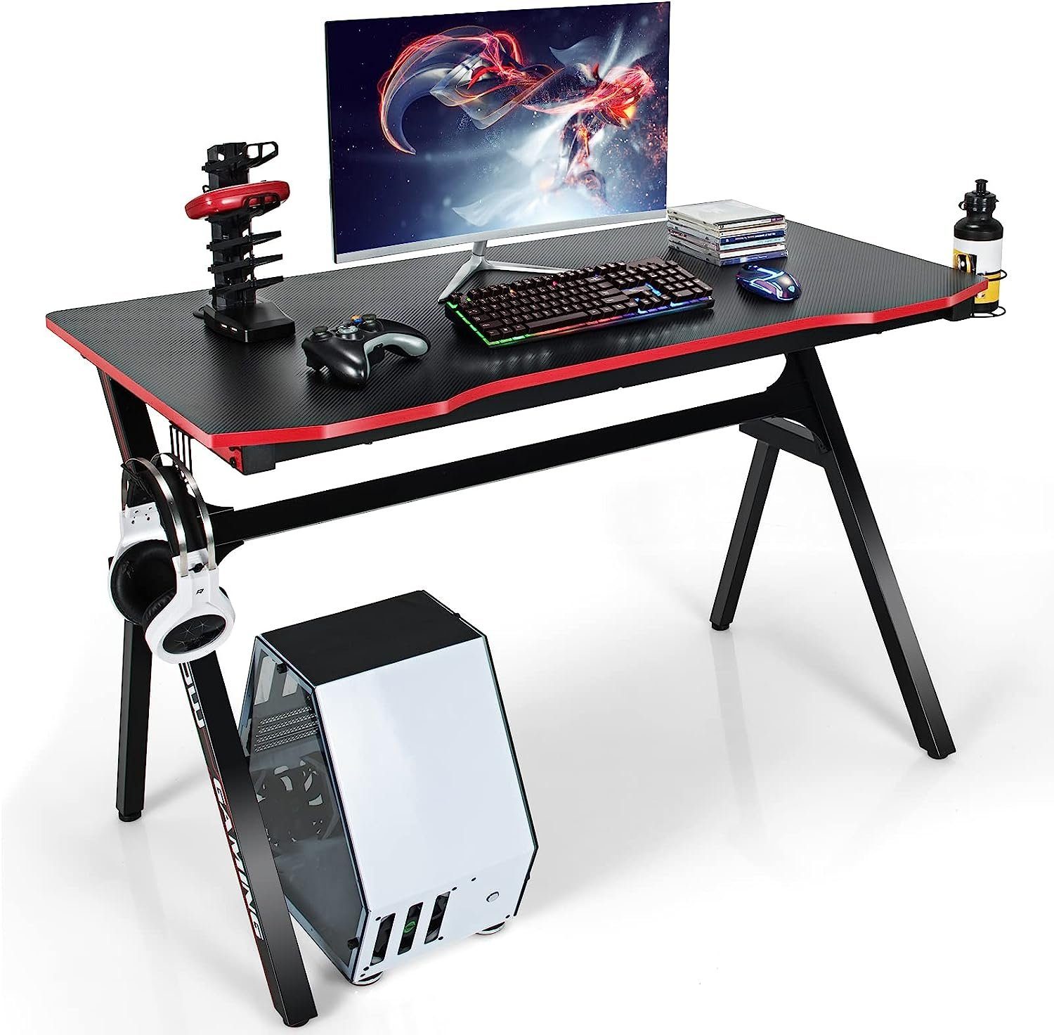 KOMFOTTEU Computertisch Gaiming Tisch, mit Gebogener Tischplatte, Eisenrahmen, PVC-Oberfläche in Kohlefaser