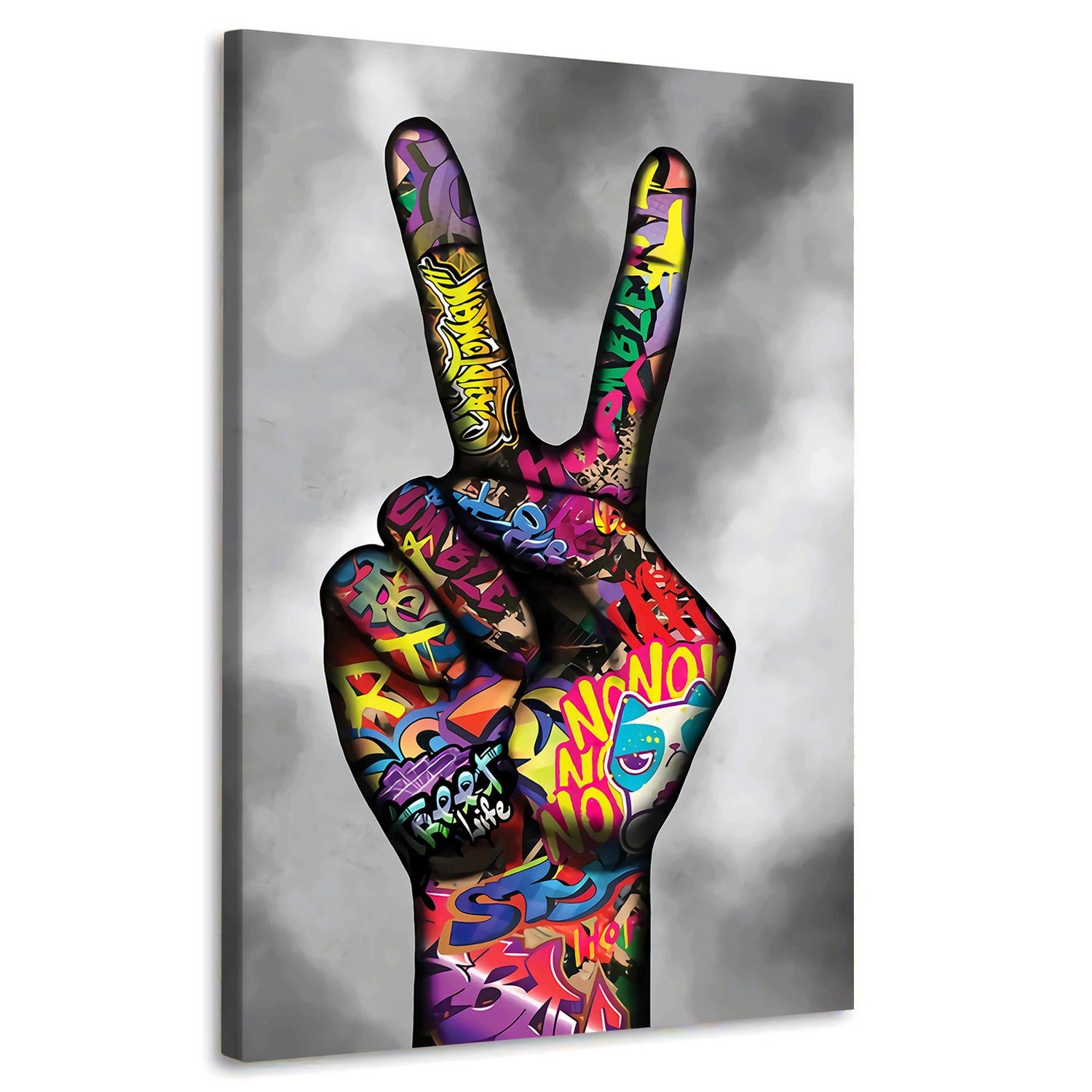 Artedinoi Leinwandbild Graffiti Peace Victory Hand Leinwandbild Wandbild XL Deko, Faust mit Peace-Zeichen
