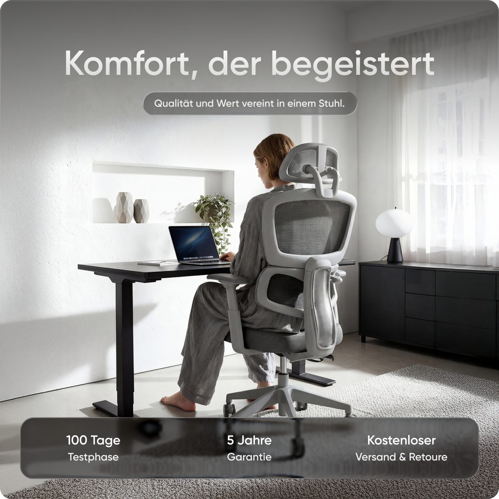 DESKSPACE Bürostuhl Move Ergonomischer Bürostuhl 3-stufige Neigung Schreibtischstuhl 150kg, Intelligente Lordosenstütze zur automatischen Rückenunterstützung
