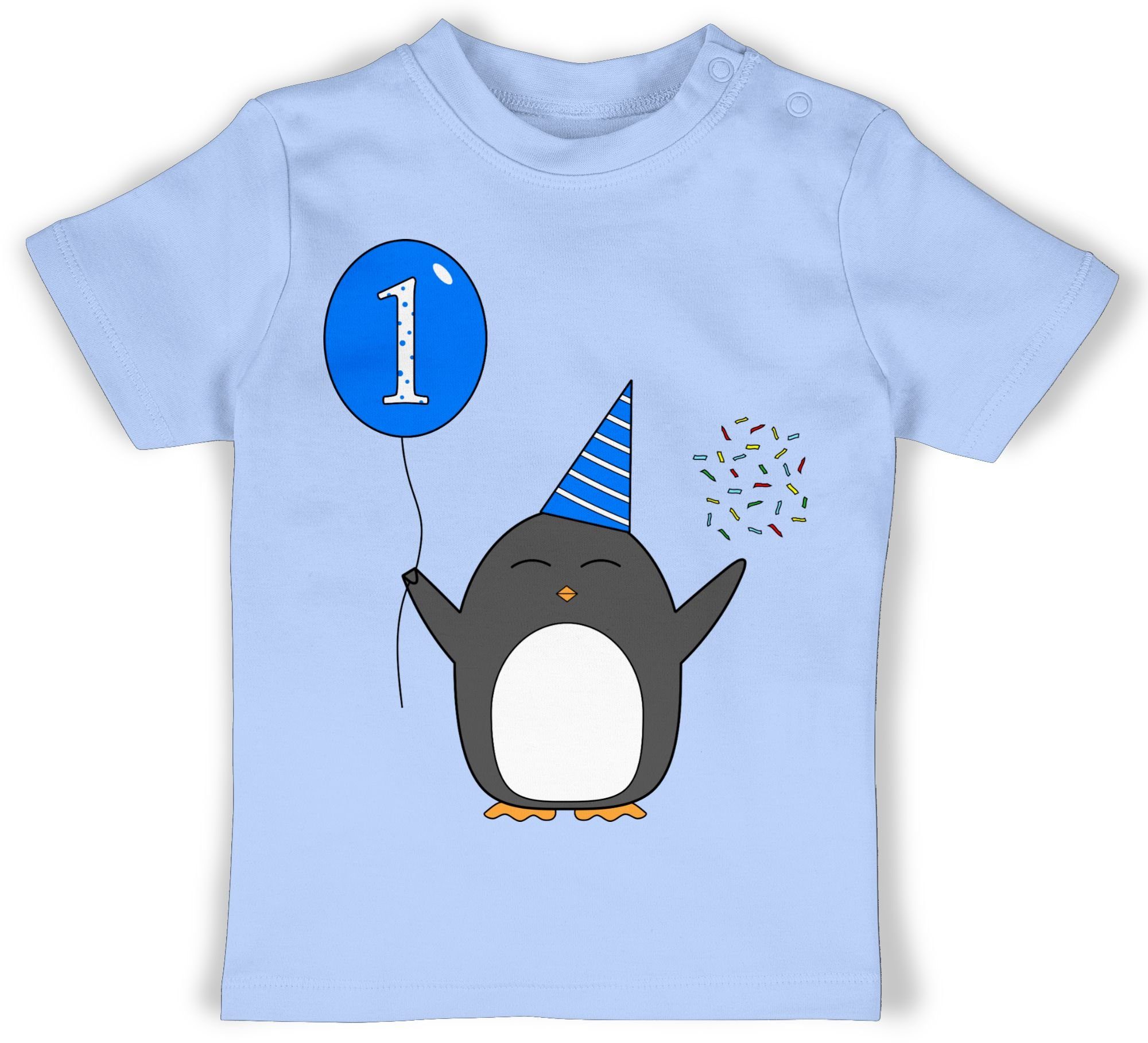 Shirtracer T-Shirt 1.Geburtstag - Baby - Blau - Pinguin - Ballon - Konfetti Geburtstag Geschenk für Babys 1 Babyblau