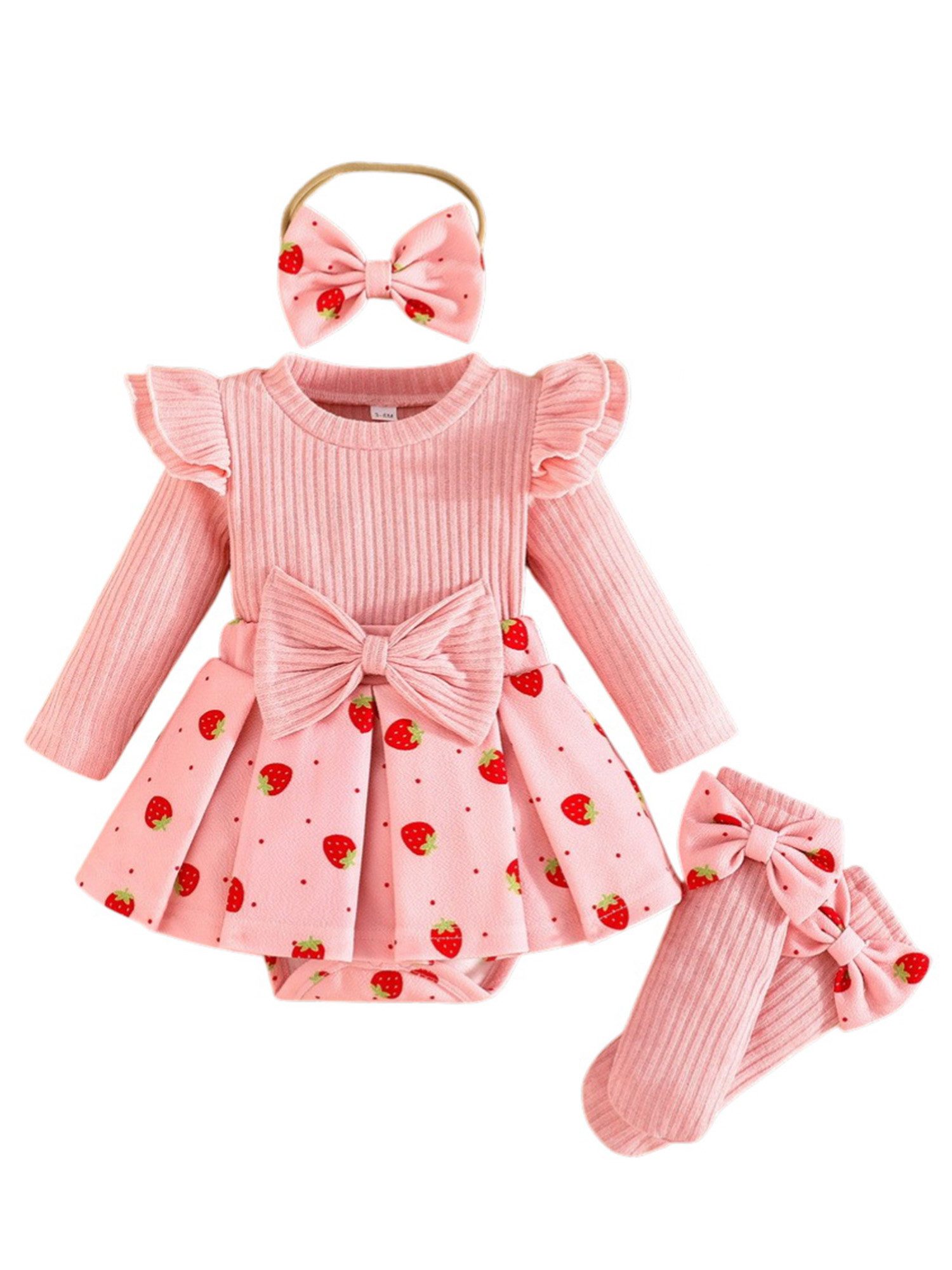 Lapastyle Strampler Baby Mädchen Strickkleid Set Erdbeer Muster mit Stirnband Strümpfen (Set, 3-tlg) Baby Festliches Outfit Set mit Rüschen Schleifen für Frühling Herbst