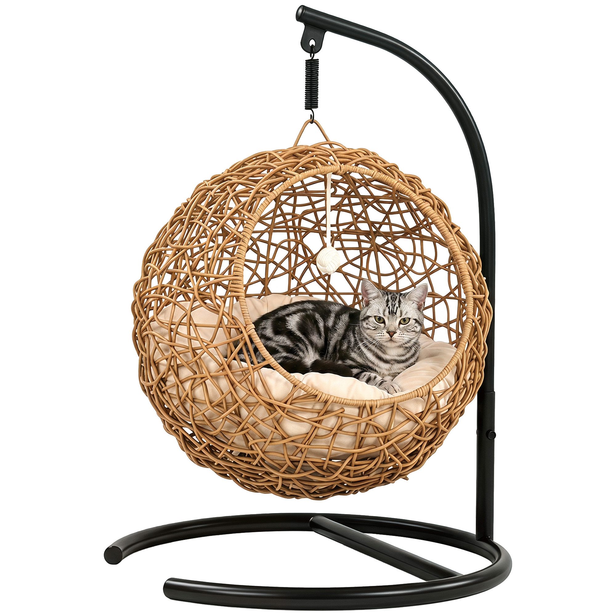 PawHut Tierhaus Katzenbett mit Kissen, Rattan-Katzenhaus mit Spielball und waschbarem Kissen
