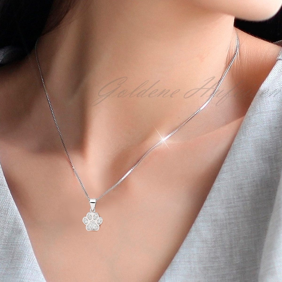 Goldene Hufeisen Kette mit Anhänger Pfote Silberkette mit Zirkonia I Liebe zu Tieren, 925 Sterling Silber (hypoallergen)