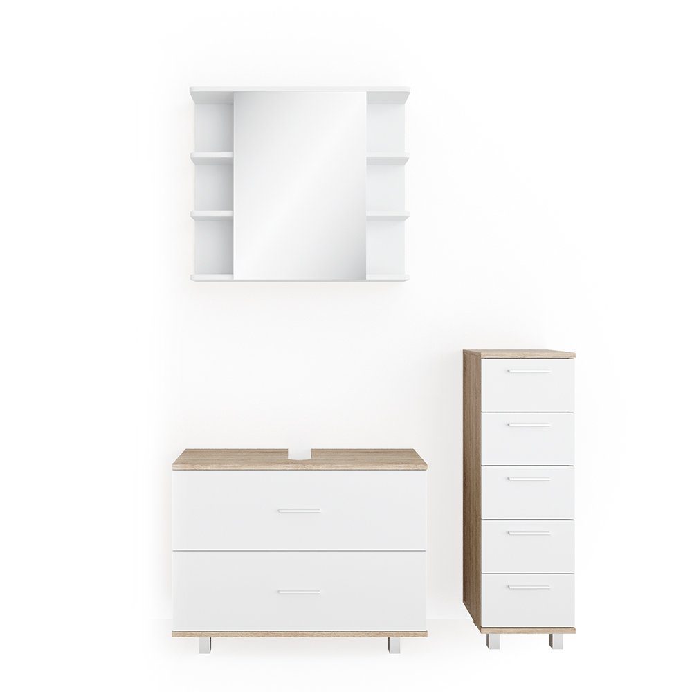 Badmöbel-Set Ilias, Weiß/Sonoma, 3 Teile, mit Unterschrank 80 cm