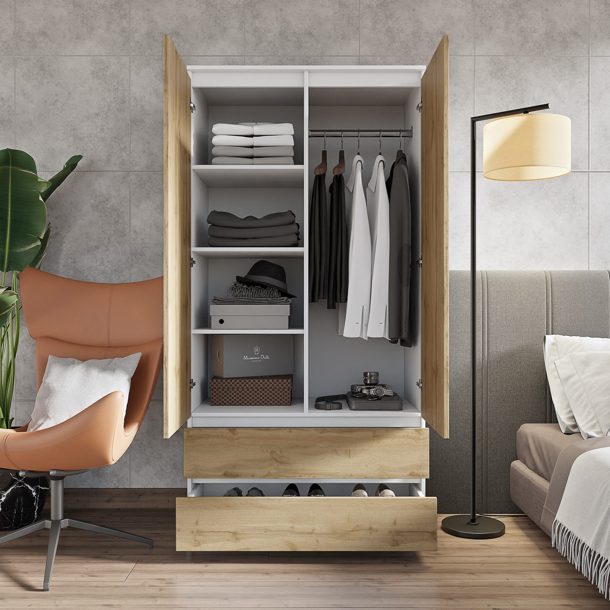 Furnica Kleiderschrank Garderobenschrank, 2 Türen und 2 Schubladen H180 x B90 x T50cm – Bild 2 von 5
