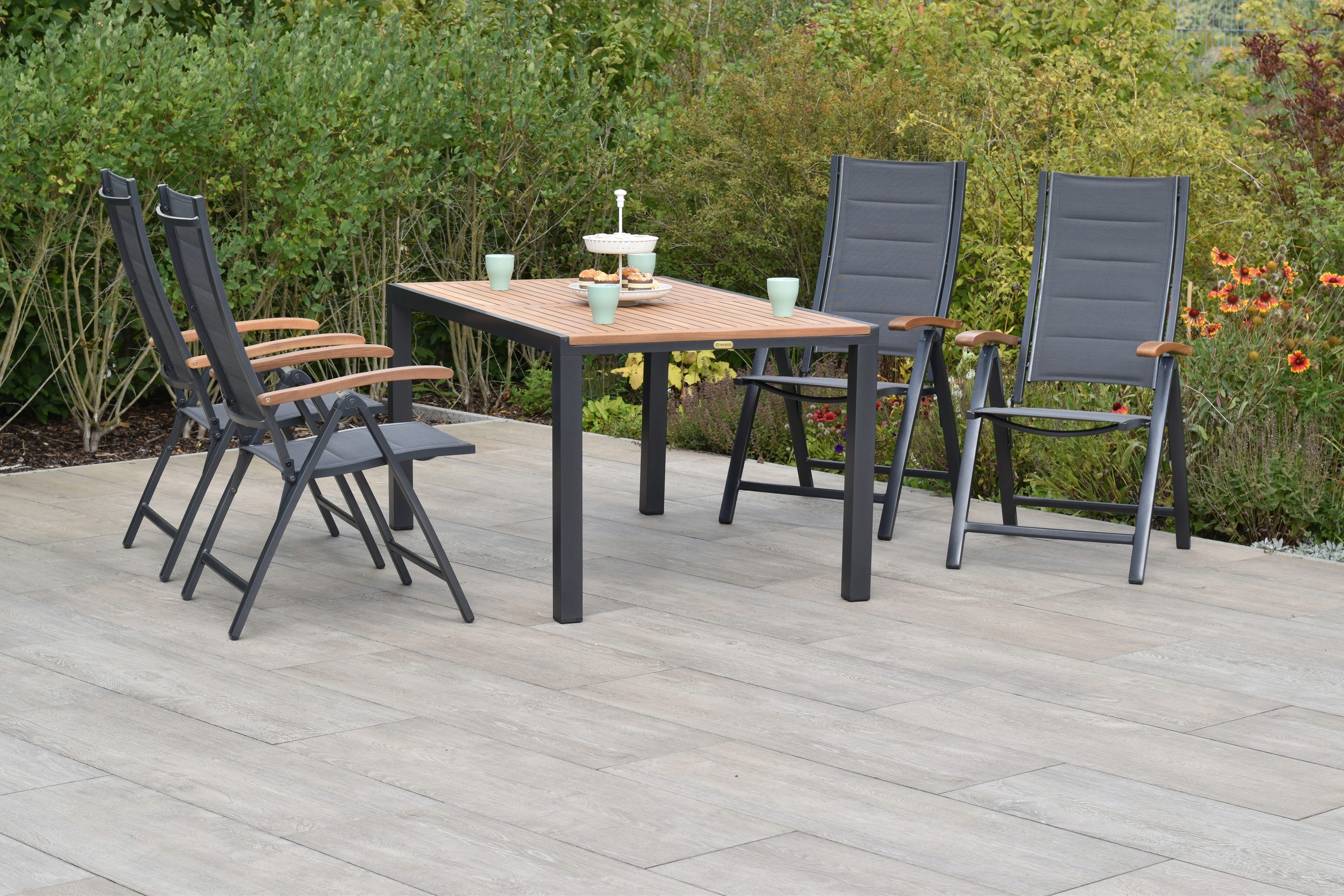 MERXX Garten-Essgruppe »Paxos«, (Set, 5-tlg., 5-fach verstellbare Rückenlehne, gepolsterte Sitz- und Rückenfläche), Tisch: LxB: 150x90 cm