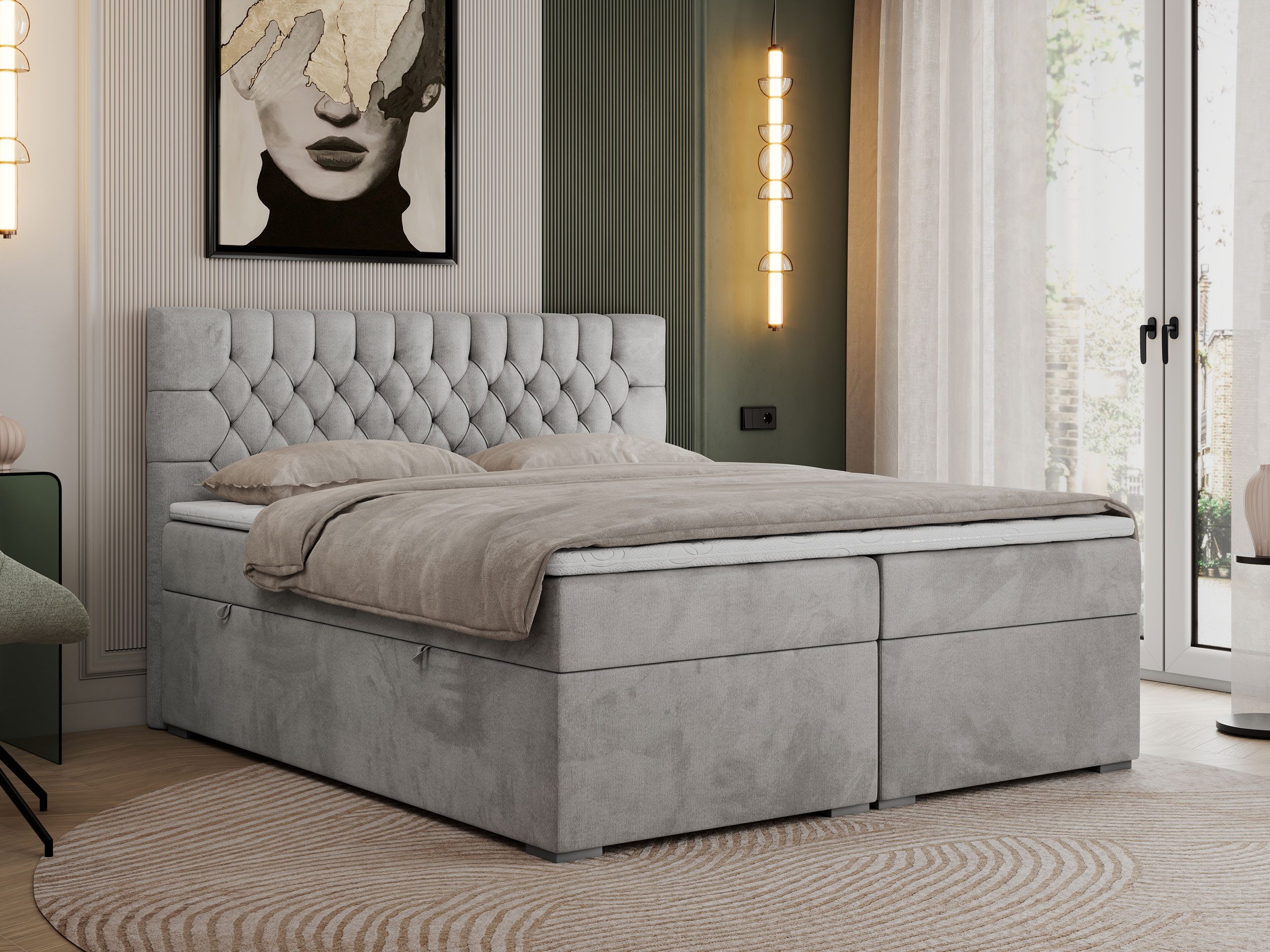 MKS MÖBEL Boxspringbett PERA (Set, Packung, H3-Matratze, Topper T25, T30-Schaum, gesteppte Kopfstütze), Doppelbett mit Multipocket-Matratzen, Polsterbett mit Kopfstütze