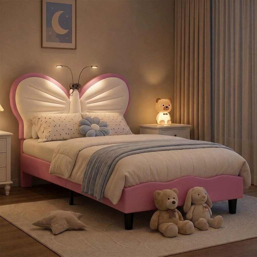 PXloue Polsterbett LED Beleuchtung Kinderbett Einzelbett Schleife am Kopfteil 90x200cm, Leselampe, Lattenrost, Samt, 90x200cm
