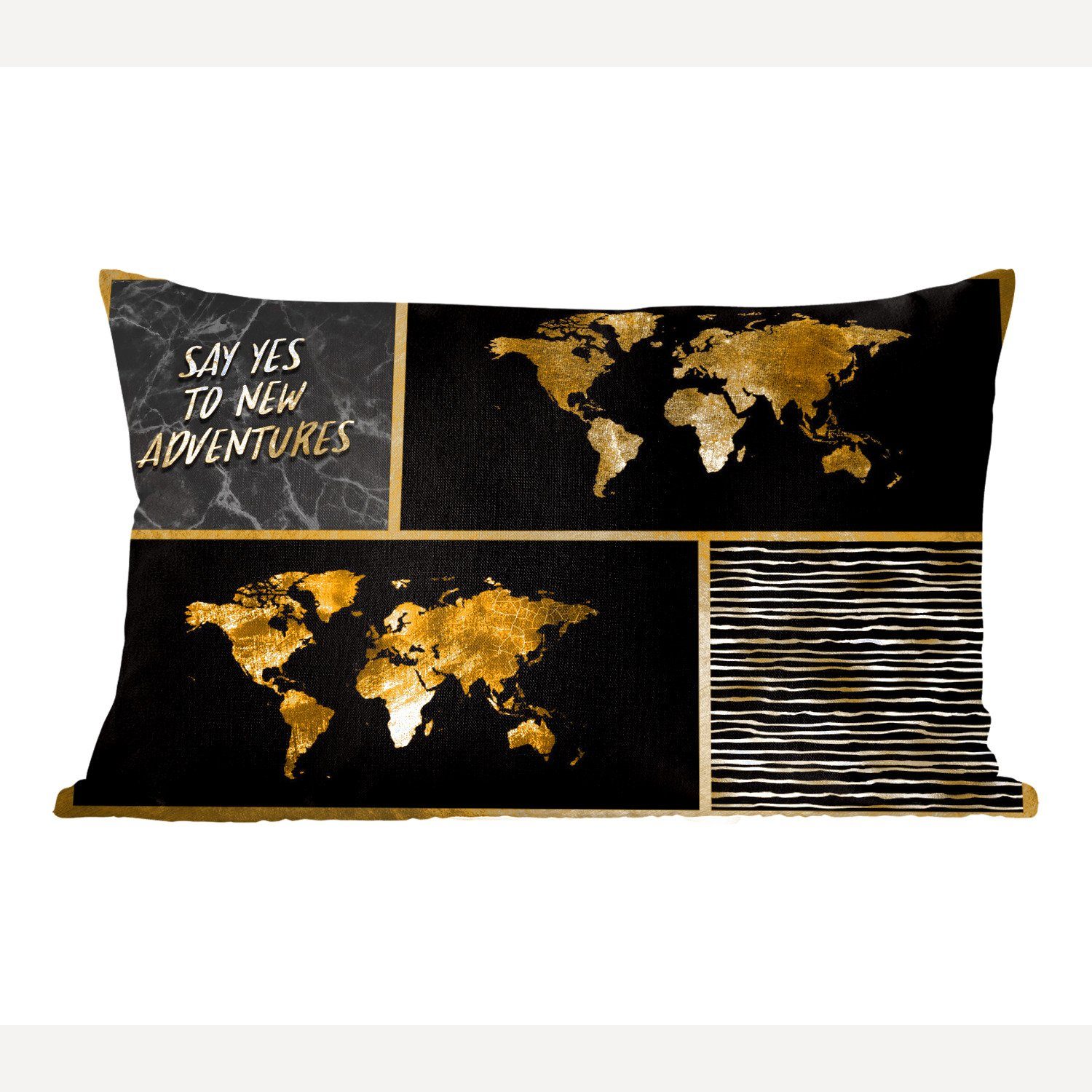 MuchoWow Dekokissen Weltkarte - Collage - Sprichwörter - Gold, Wohzimmer Dekoration, Zierkissen, Dekokissen mit Füllung, Schlafzimmer
