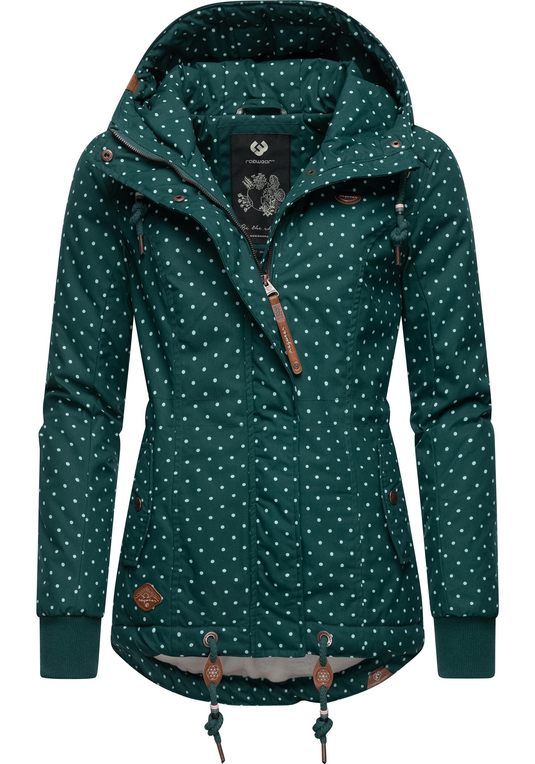 Intl. stylische Winter Ragwear dunkelgrün Outdoorjacke Danka mit Dots Kapuze Winterjacke