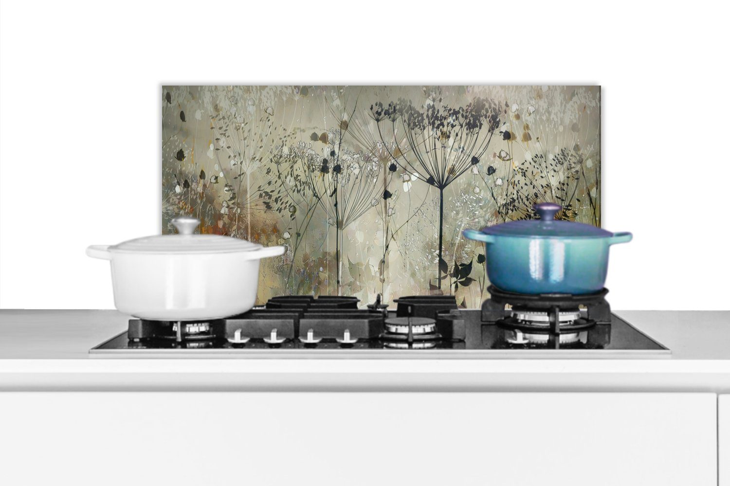 MuchoWow Küchenrückwand Blumen - Grau - Natur - Kunst, (1-tlg), 60x30 cm, Wandschutz, gegen Fett und Schmutzflecken für Küchen