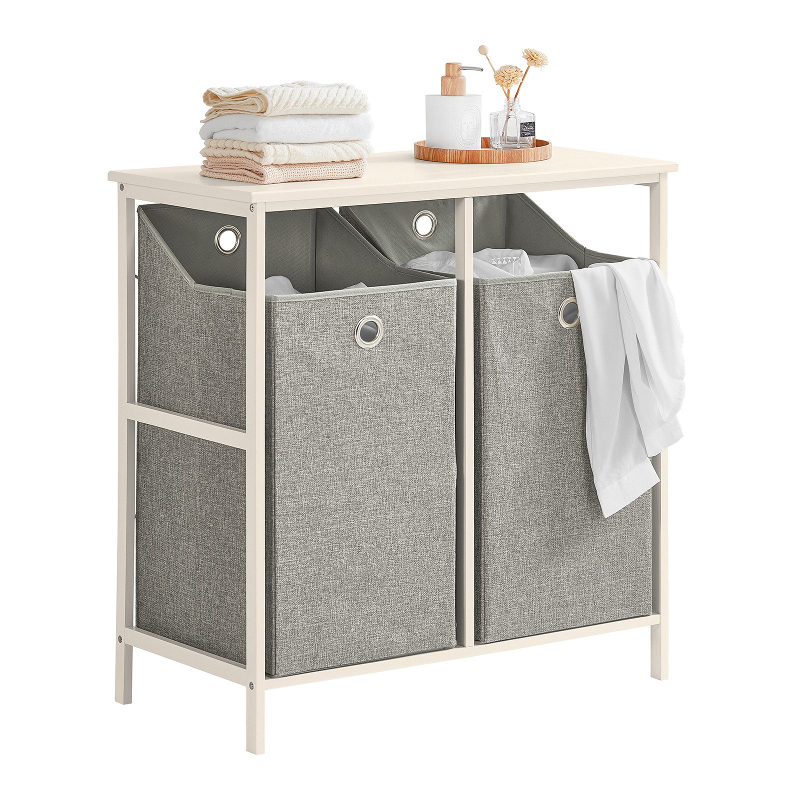 SoBuy Wäscheschrank BZR57, Badkommode Badezimmerschrank Aufbewahrungsschrank mit 2 abnehmbaren Wäschesäcken Wäschetruhe Wäschesammler Badschrank