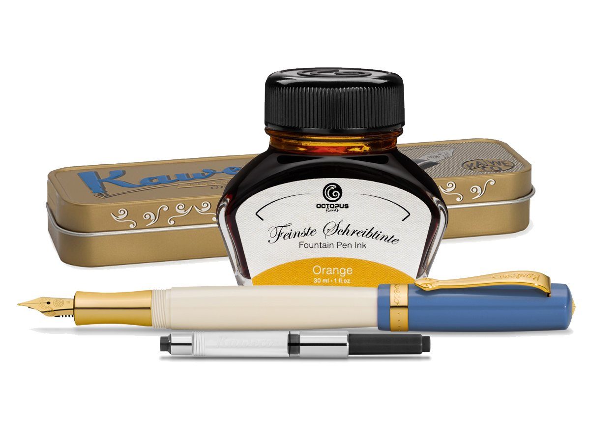 Kaweco Kaweco Student mit Füllhaltertinte Metalletui 50's Rock, Orange Tintenglas (Komplett-Set mit Kaweco Student Füllhalter, Tintenkonverter, Octopus Fluids Schreibtinte und Kaweco Metalletui, 0-tlg., MADE IN GERMANY)