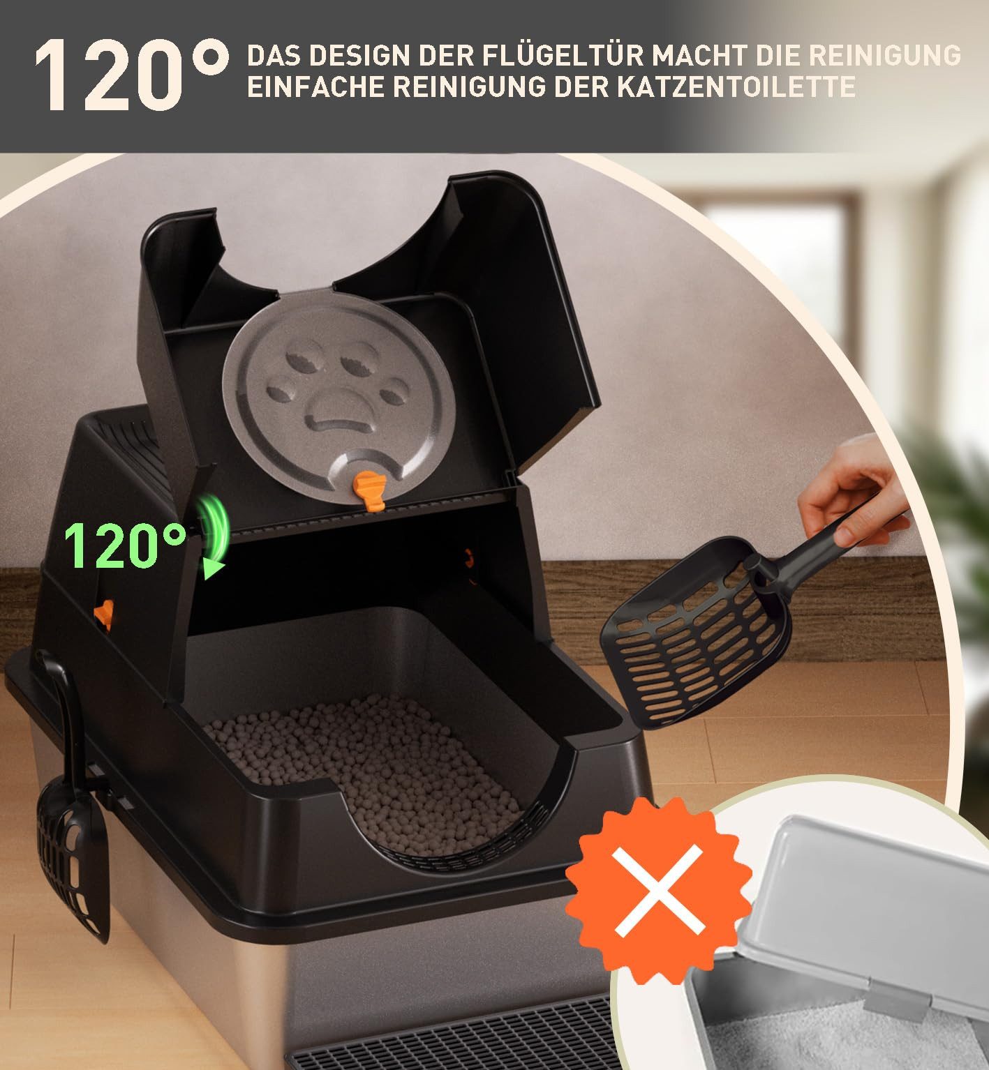 SURFOU Katzentoilette Katzenklo Edelstahl mit Deckel, XXL Großes Katzentoilette mit Schaufel, 60x40x39 cm, mit Katzenstreumatte, Streuschaufel & Aktivkohlefilter