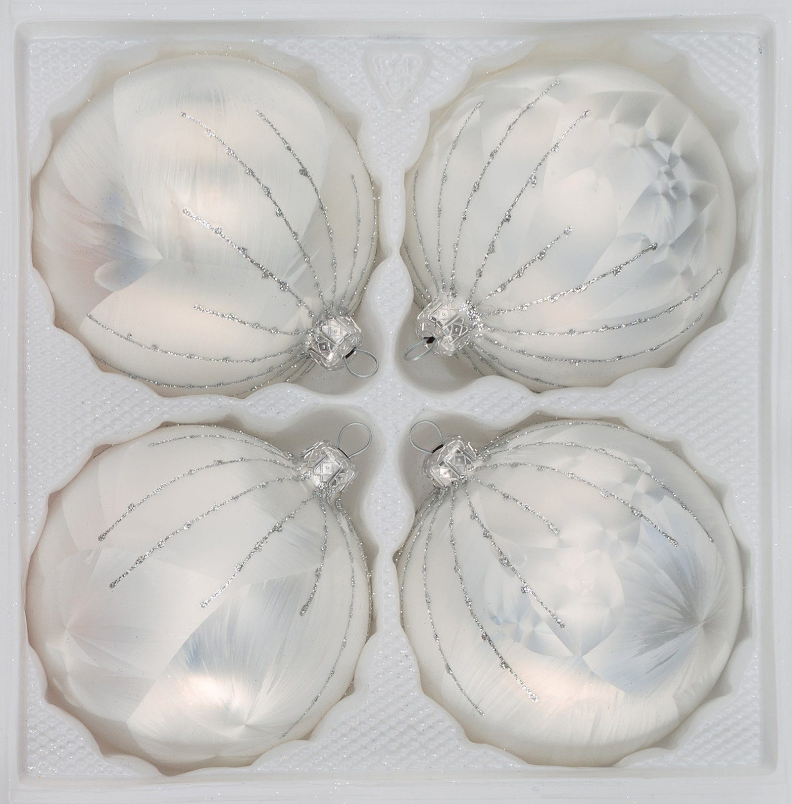 Navidacio Weihnachtsbaumkugel 4 tlg. Glas-Weihnachtskugeln Set 8cm Ø in Ice Weiss Silber Regen