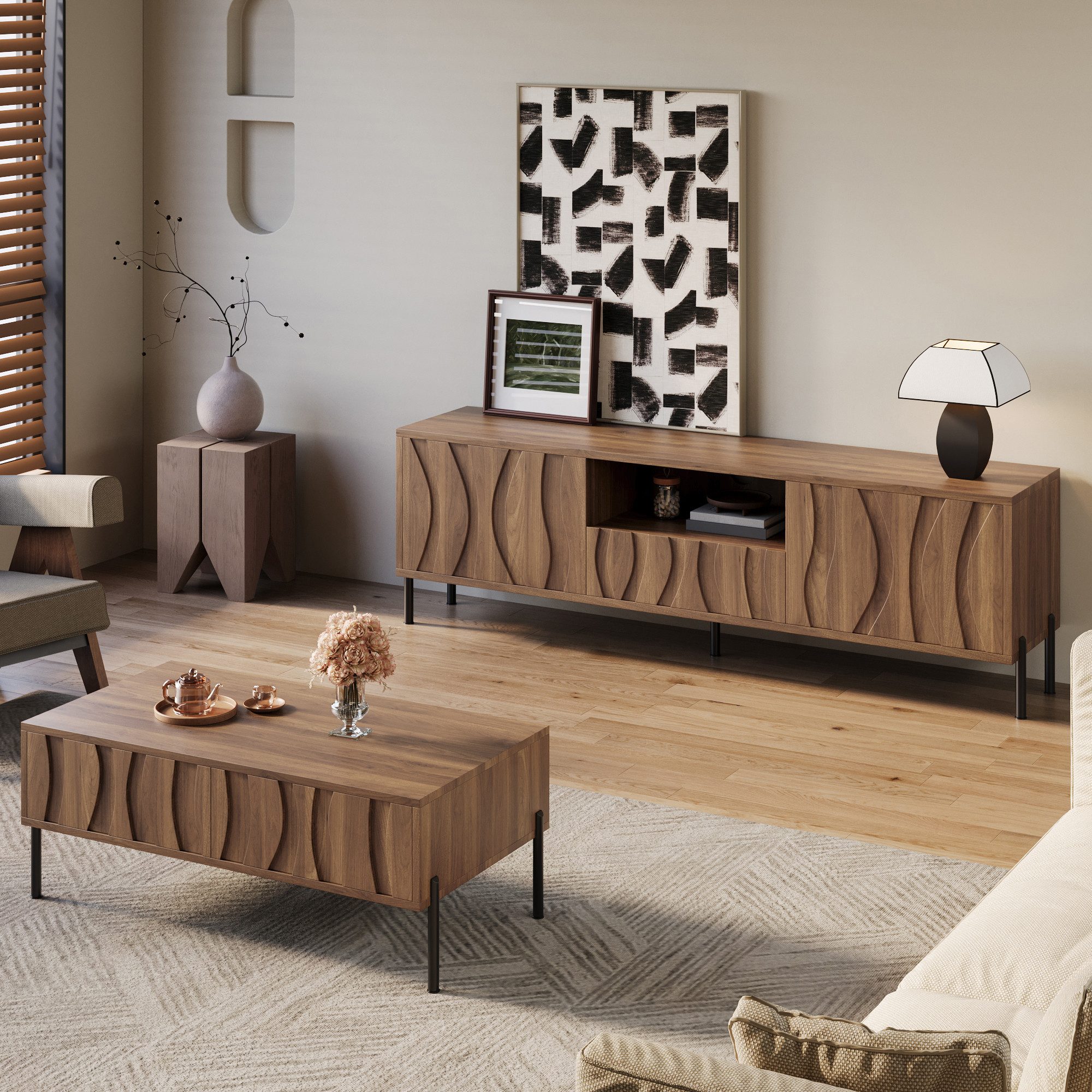 STILVORA Wohnzimmer-Set mit Stauraum,Couchtisch und TV-Ständer-Kombination mit Wellenmuster, (2-St)