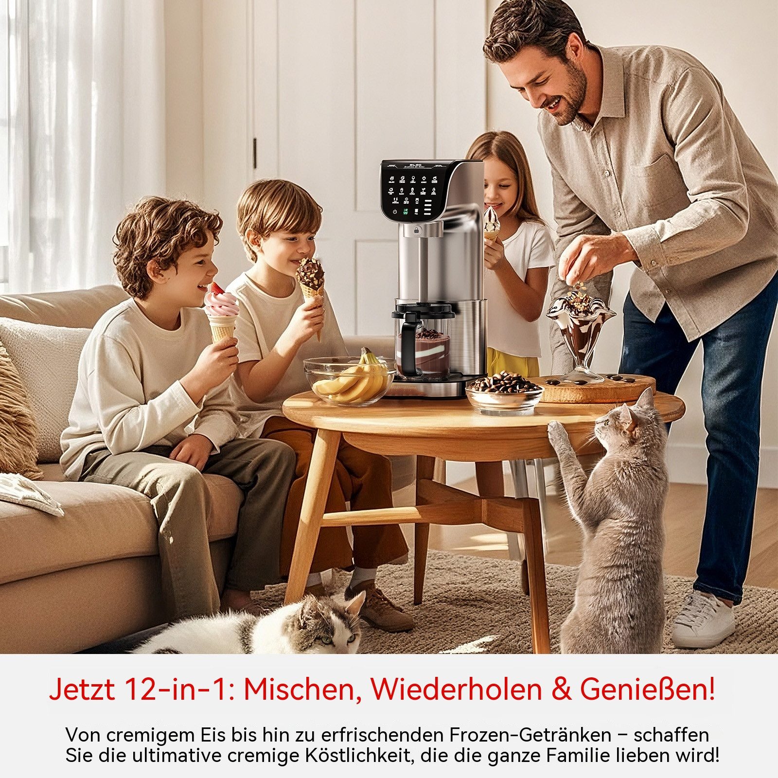 TWUFY Eismaschine Eismaschine 12-in-1 vollautomatische Edelstahl Hausgemachte Sorbet, 1,5 l, 500 W, Frozen Yogurt & mehr, leicht zu reinigende Familiengröße Behälter