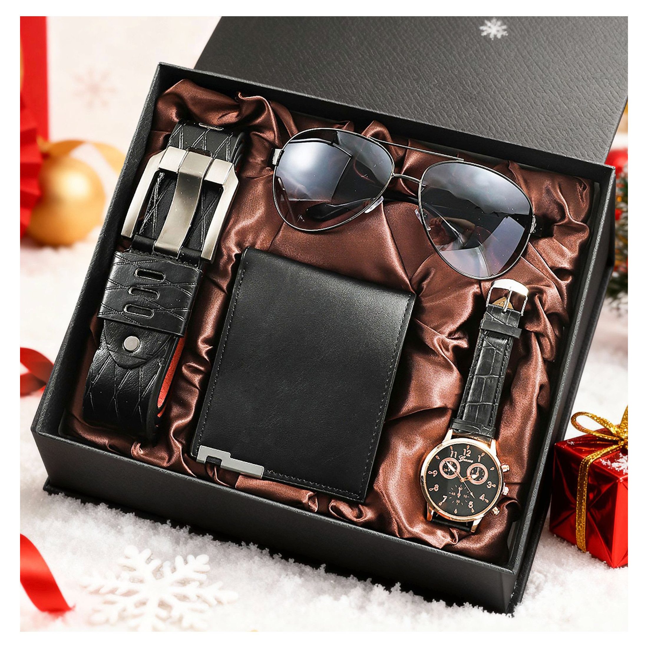 Luckice Geldbörse 4PCS Geschenk für Männer Herrenuhr Gürtel Set (Mann Männer Geburtstag Hochzeitstag Geschenke, Vatertag Geschenkbox,Geburtstagsgeschenk,Weihnachtsgeschenk), Herren Geschenkbox Sets mit Ledergürtel Wallet Watch Gläsern