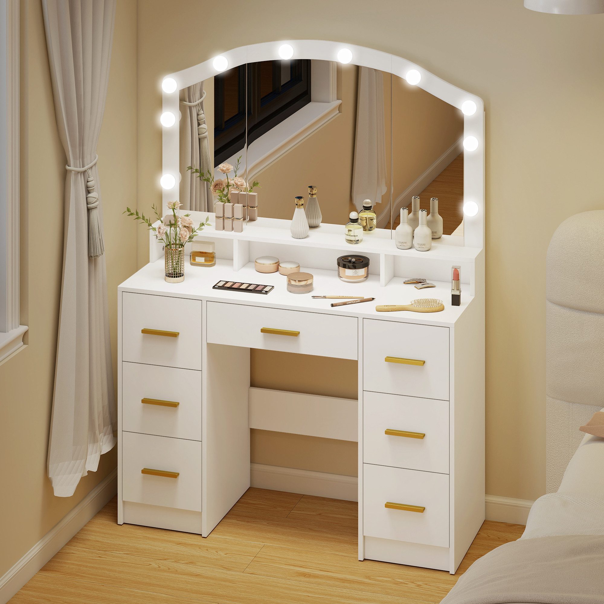 HOMCOM Schminktisch LED-Beleuchtung 3 Lichtfarben Großer Spiegel 7 Schubladen 3 Fächern (Frisiertisch, 1-St., Kosmetiktisch), für Schlafzimmer, Weiß