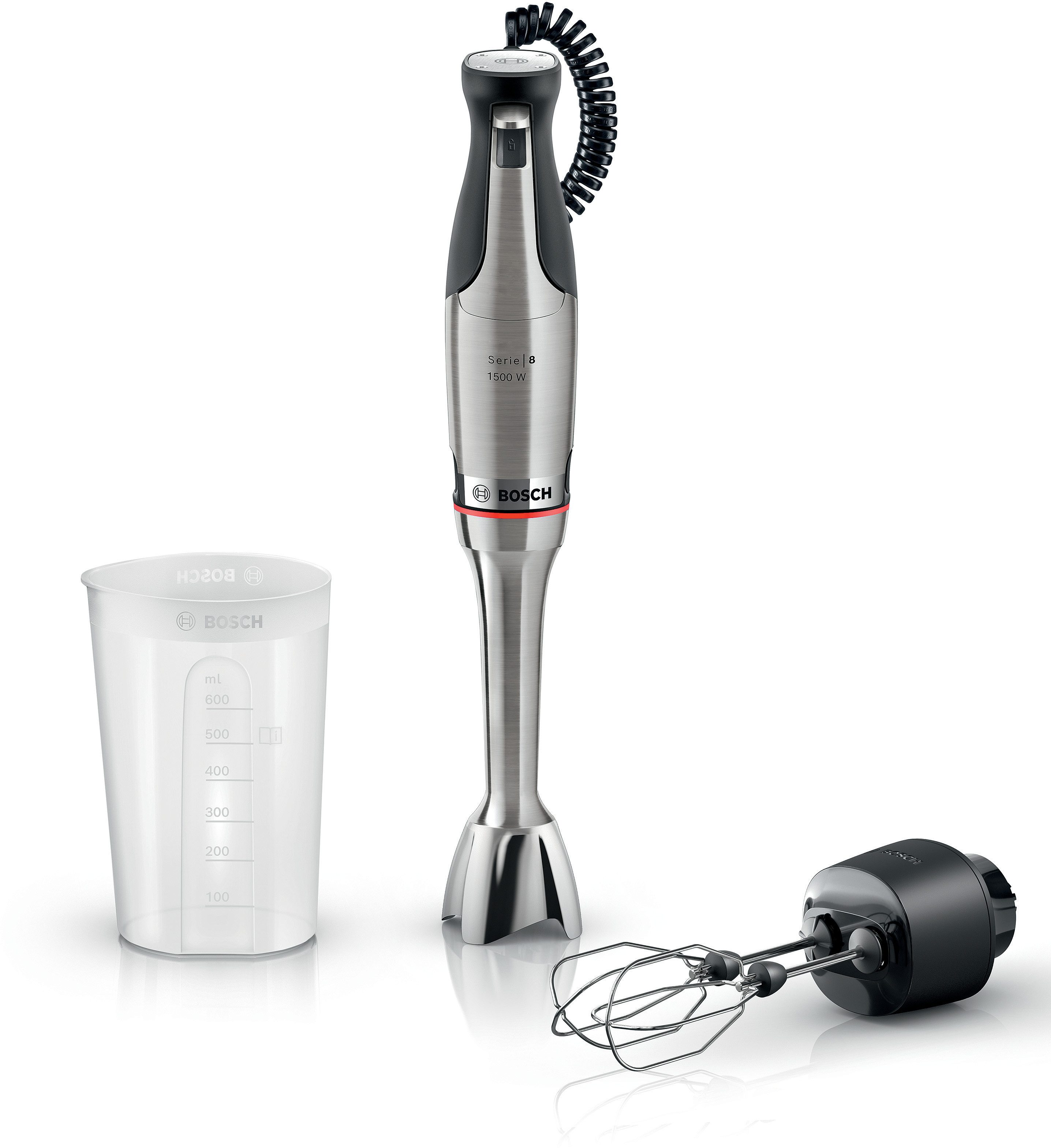 BOSCH Stabmixer ErgoMaster Serie 8, MSM8M914, Doppelschneebesen, Spiralkabel, Becher, 1500 W, 6 Klingen Edelstahl, Keramikkupplung, luftgekühlter Motor