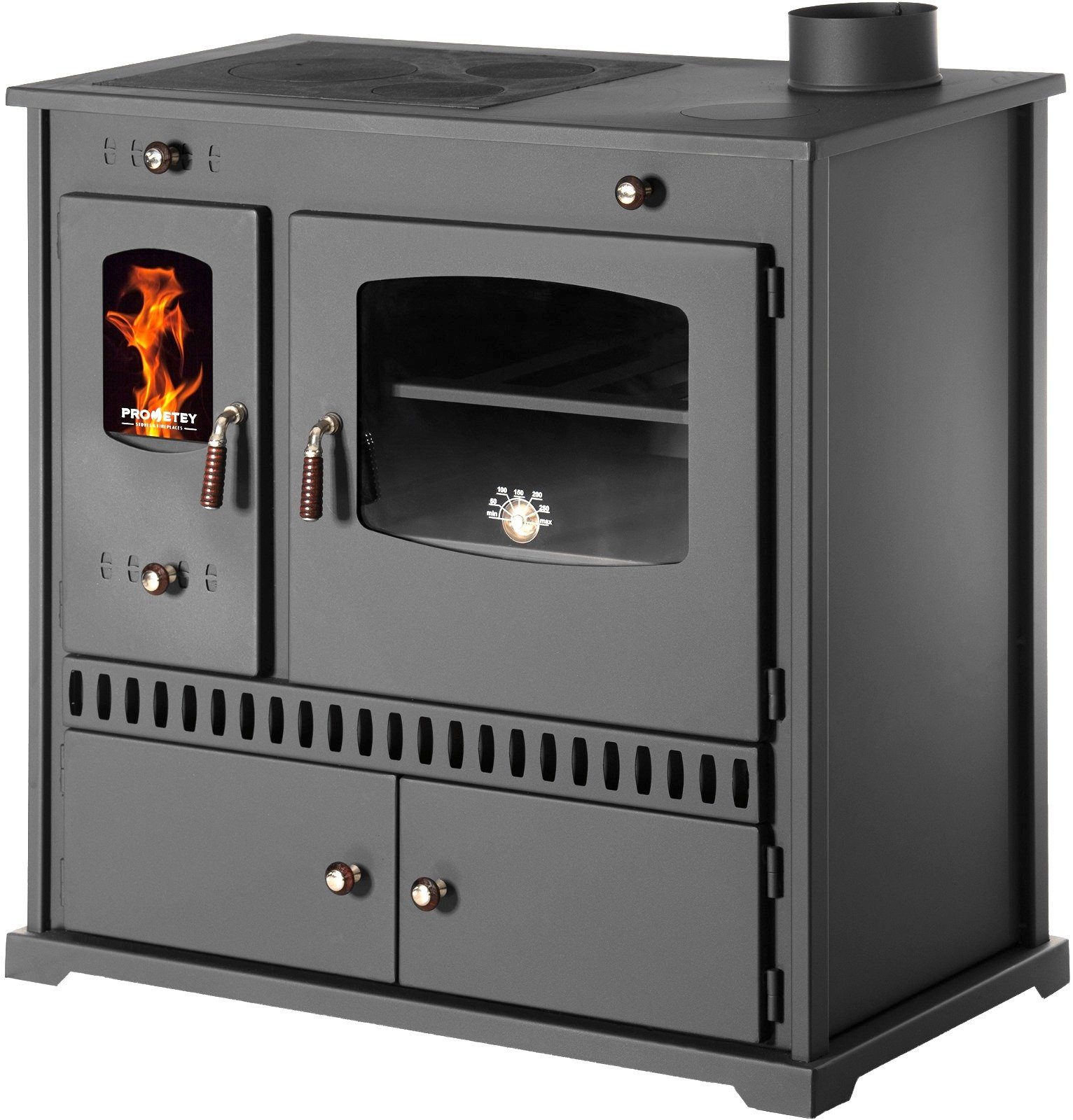 Prometey Kaminofen mit Backfach und Herdplatte Perfect Eco Schwarz Rechts Holzofen Kamin, 7,00 kW, Zeitbrand geeignet, Dauerbrand geeignet, zum Kochen & Backen ohne Strom