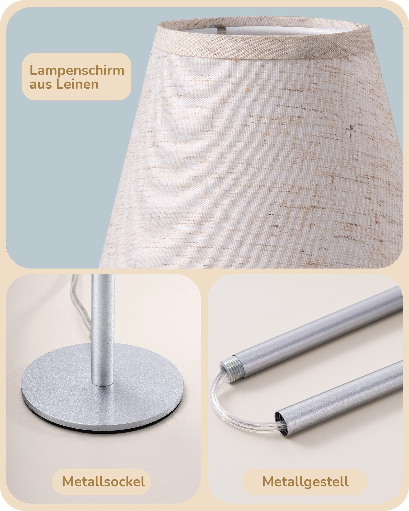 EDISHINE Nachttischlampe EDISHINE LED Nachttischlampen 2er-Set, Leinenschirm, 2700K Warmweiß, LED wechselbar, Tageslichtweiß, Tischlampe aus Metall, E27 Fassung, inkl. 4W LED Leuchtmittel