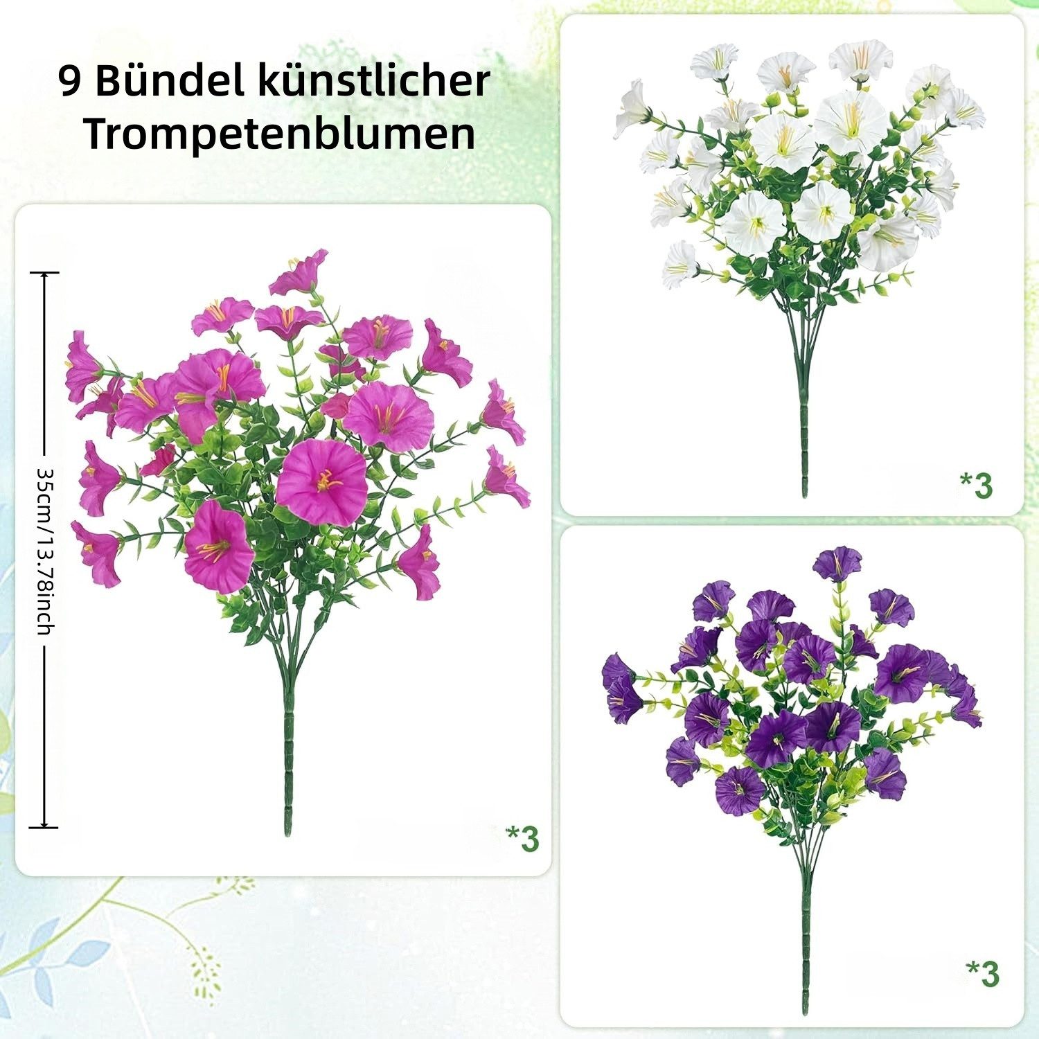 Kunstblumenstrauß 9er Set bunte künstliche Petunien für Balkon & Außenbereich, FOUORTUNATE-BEE, Künstliche Hängepetunien für Balkon- und Blumenkasten-Deko