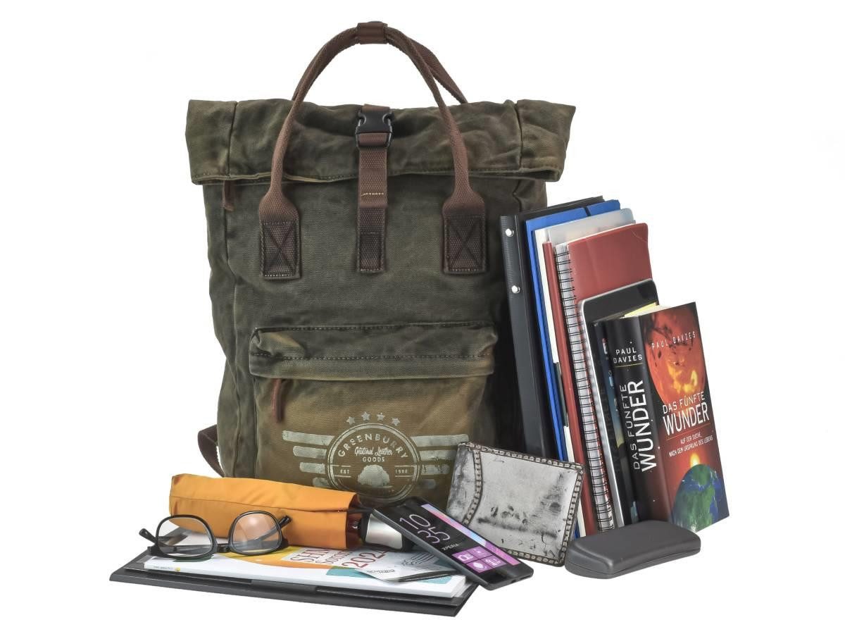 Greenburry Tagesrucksack "Aviator" Explorer No2 Canvas 38x42cm khaki, mit Tabletfach, rustikaler Vintagestil