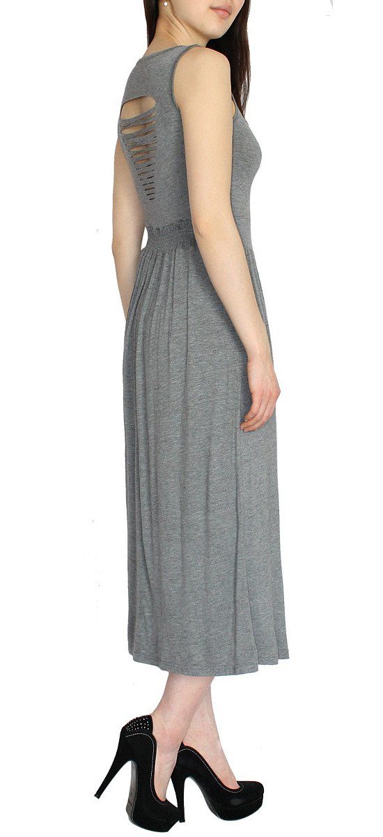 Damen am WK002-Grau Jerseykleid dy_mode im Look Rücken Cut-Out Cut-Out Sommerkleid Kleid Rücken Jersey Maxikleid