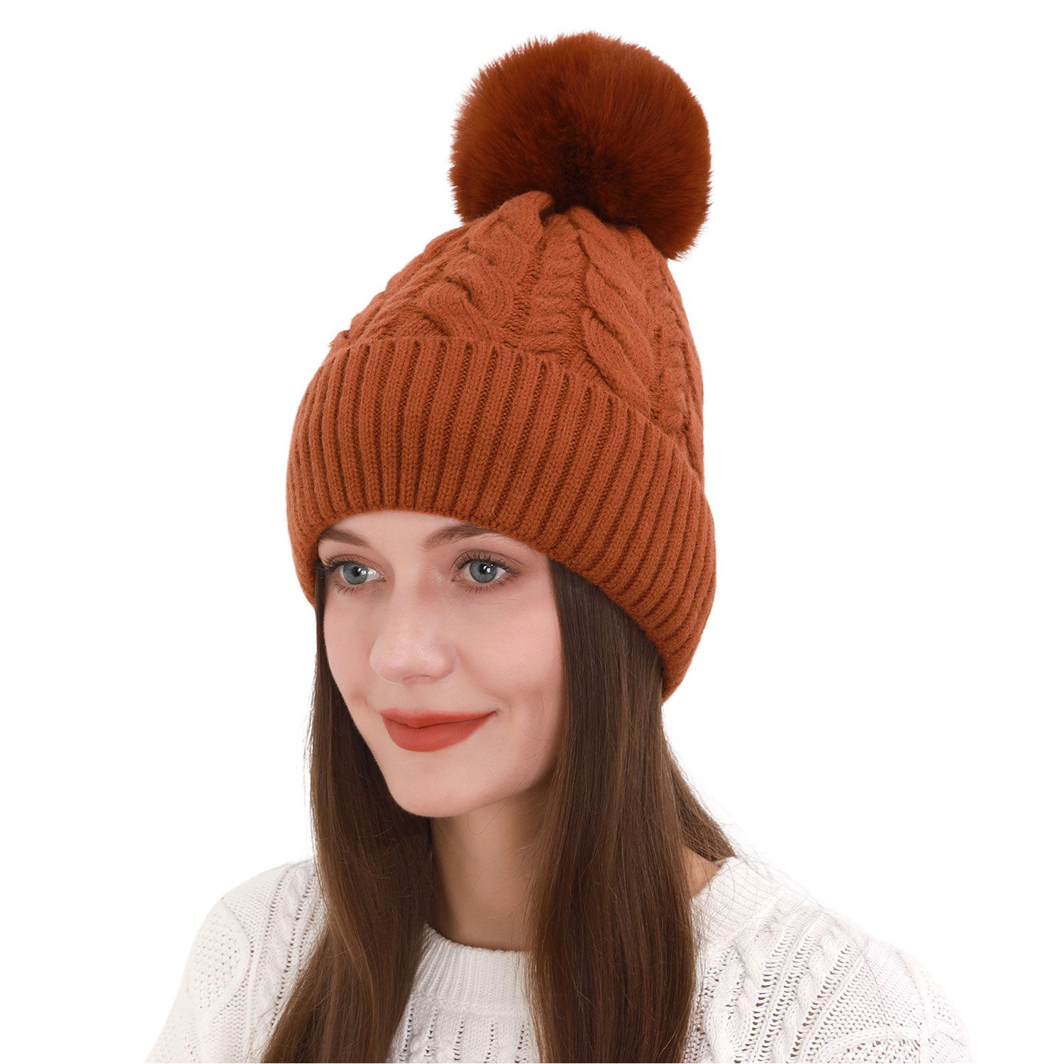 Beanie Damen Strickmütze mit Fleece-Innenfutter, Bommel,Zopfmuster,Warm