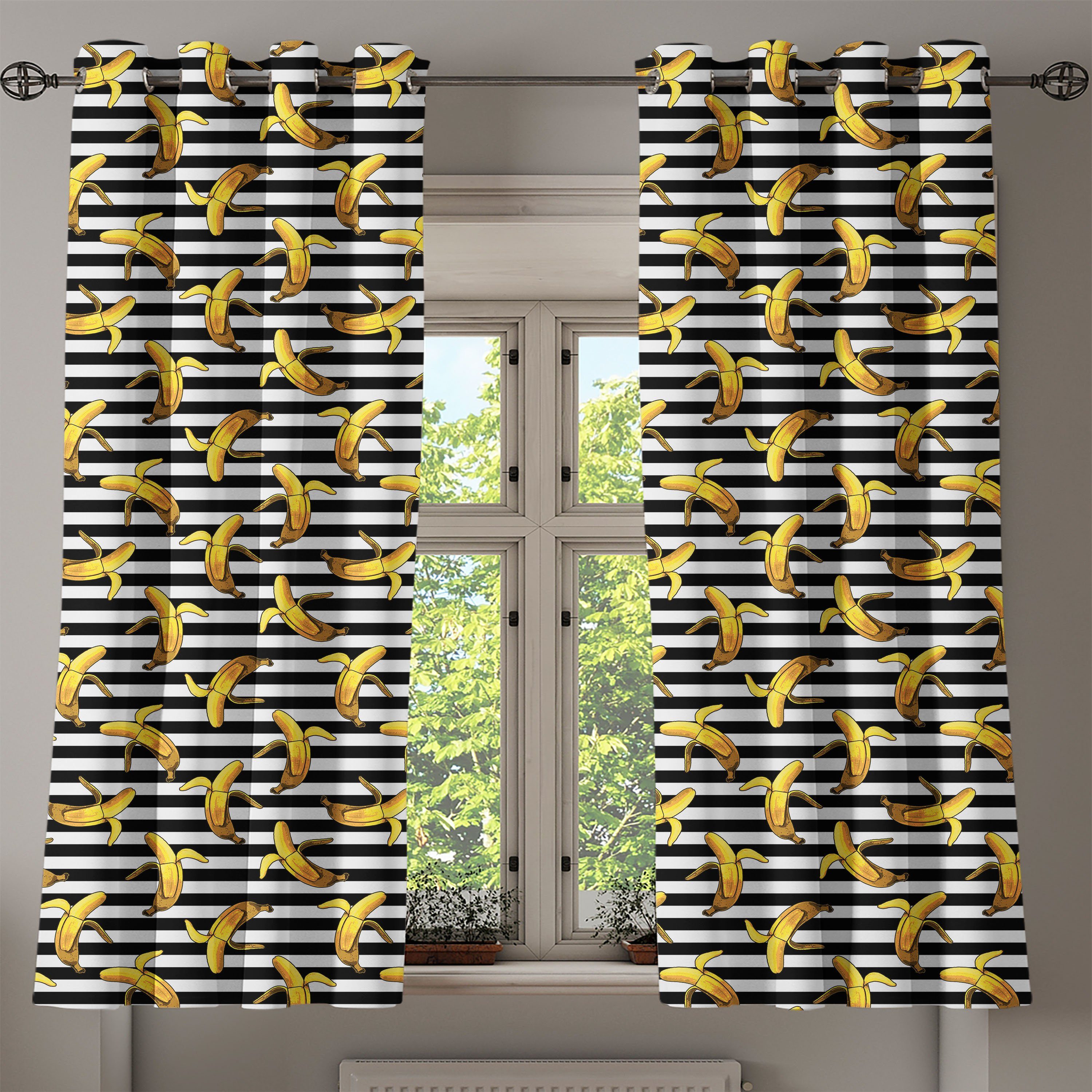 Tropical für Dekorative Schlafzimmer Wohnzimmer, Abakuhaus, Gardine Bananen Stripes Indie 2-Panel-Fenstervorhänge